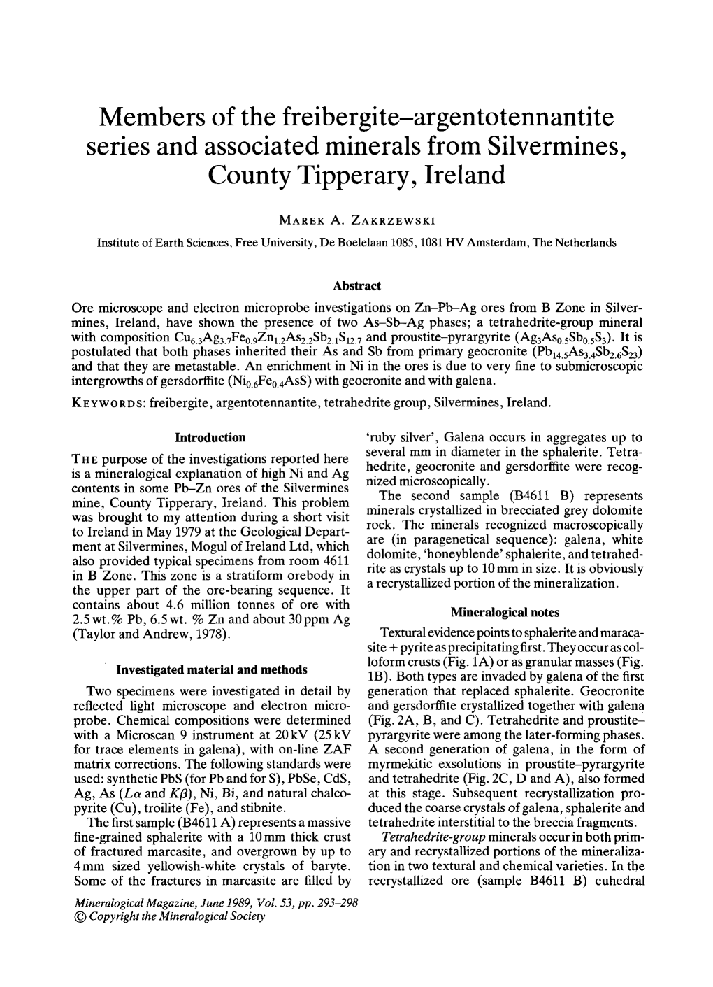 Members of the Freibergite-Argentotennantite Series and Associated Minerals from Silvermines, County Tipperary, Ireland