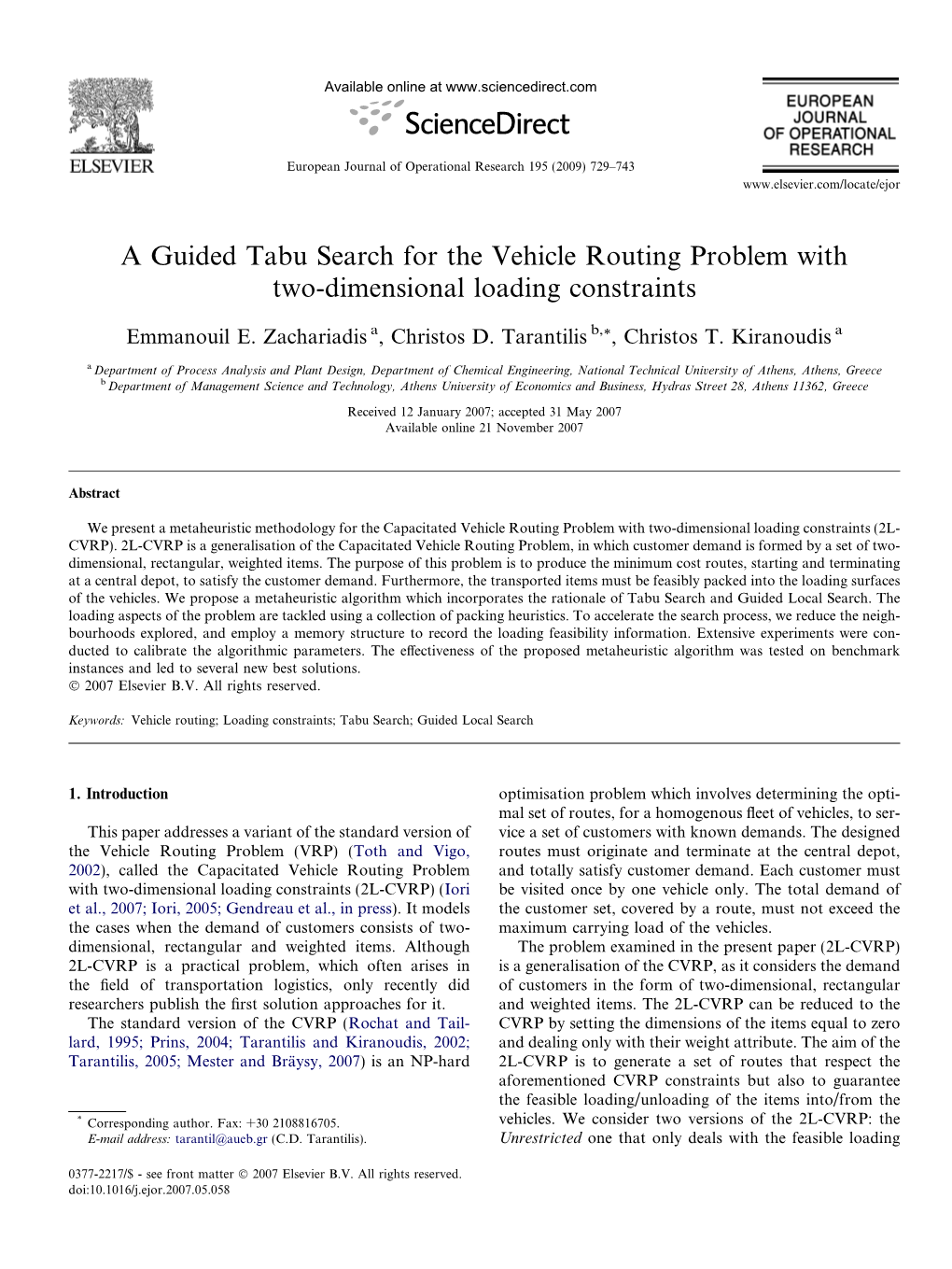 A Guided Tabu Search for the Vehicle Routing Problem with Two-Dimensional Loading Constraints