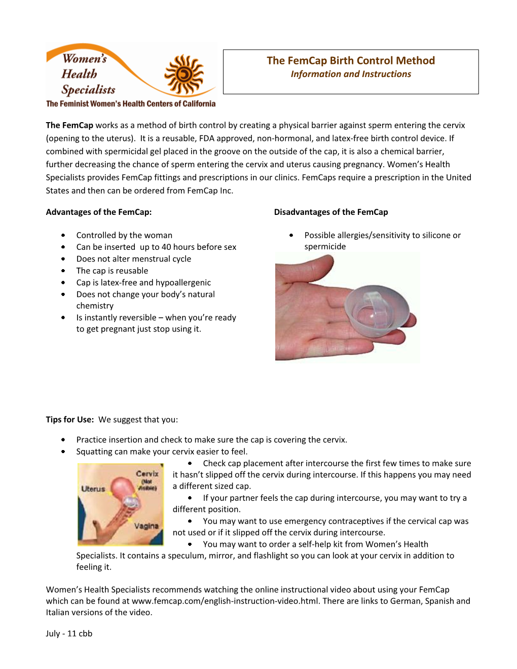 The Femcap Birth Control Method Information and Instructions