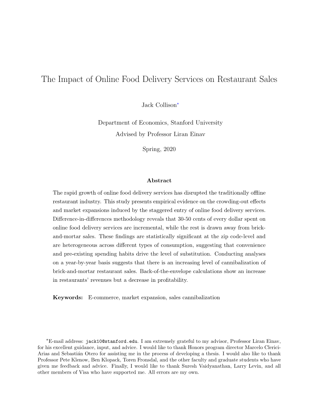 The Impact of Online Food Delivery Services on Restaurant Sales