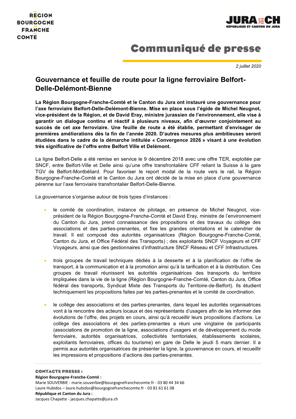 Gouvernance Et Feuille De Route Pour La Ligne Ferroviaire Belfort- Delle-Delémont-Bienne