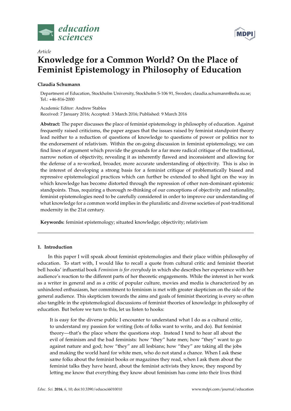 On the Place of Feminist Epistemology in Philosophy of Education