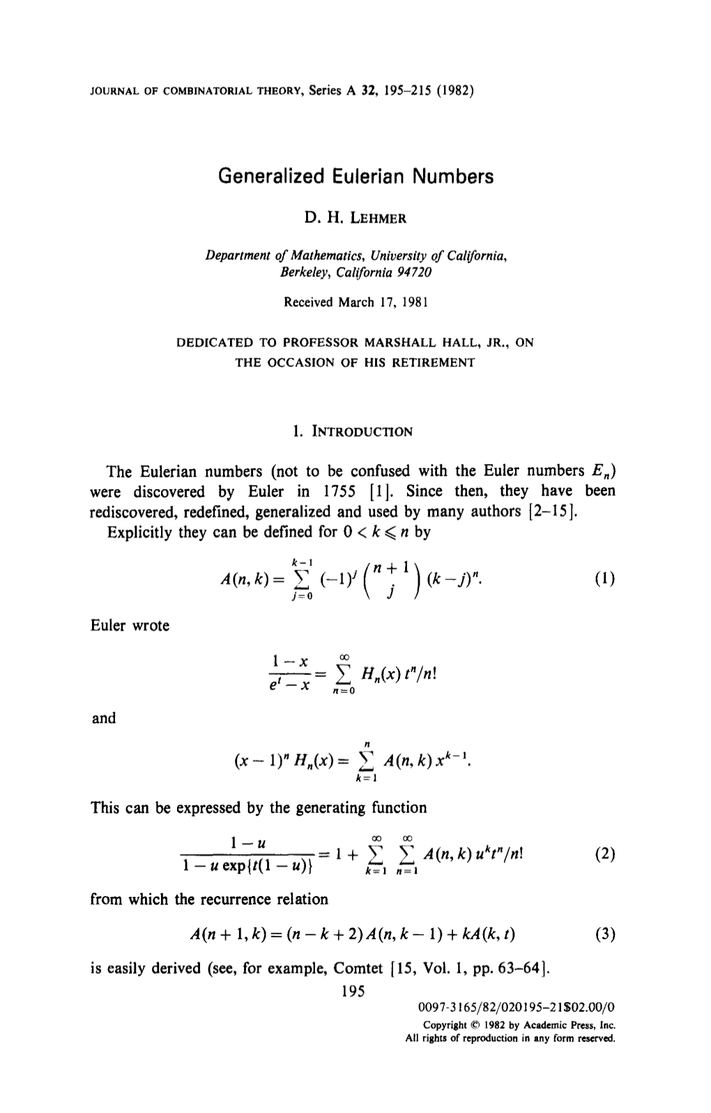 Generalized Eulerian Numbers