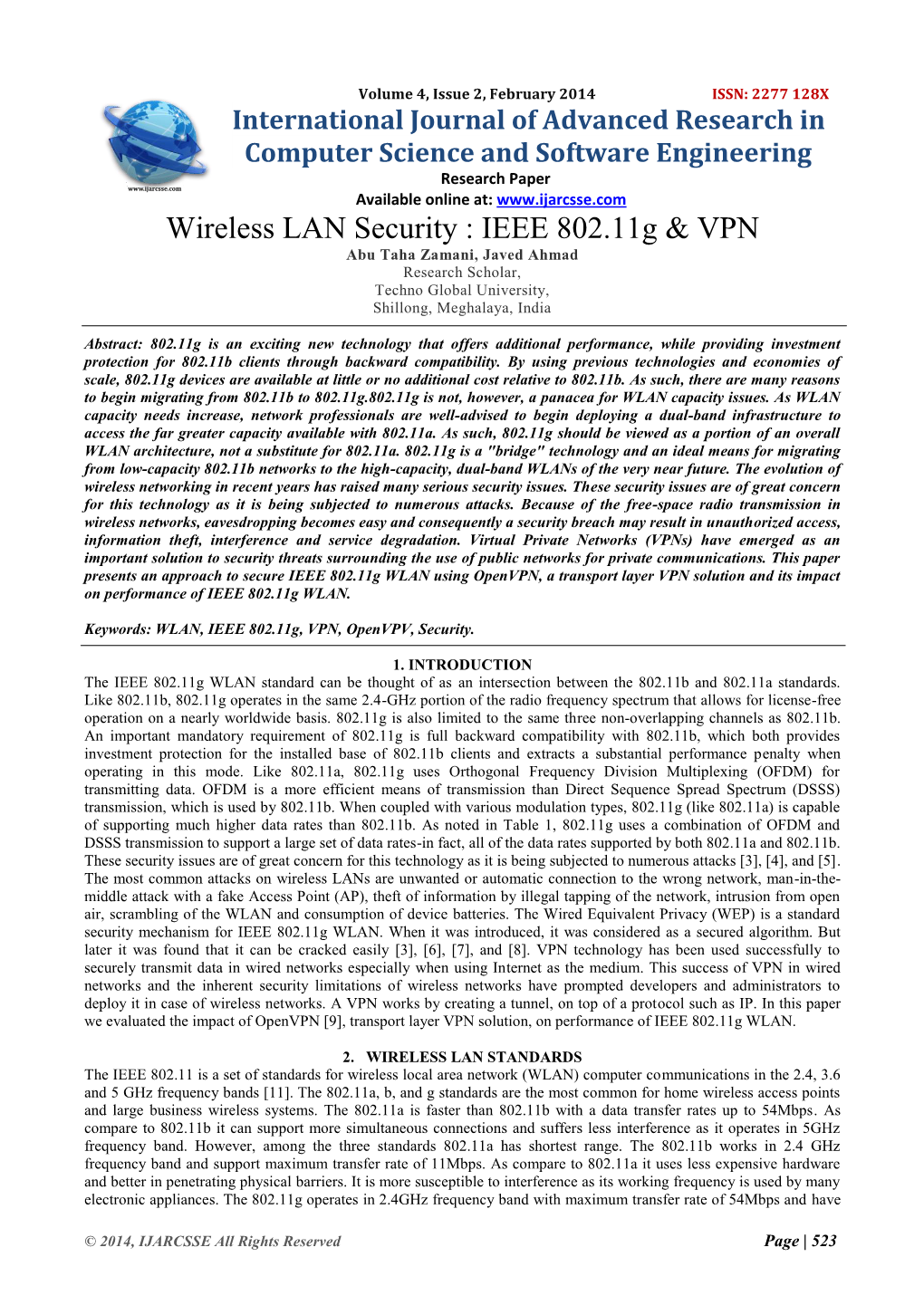 Wireless LAN Security : IEEE 802.11G &