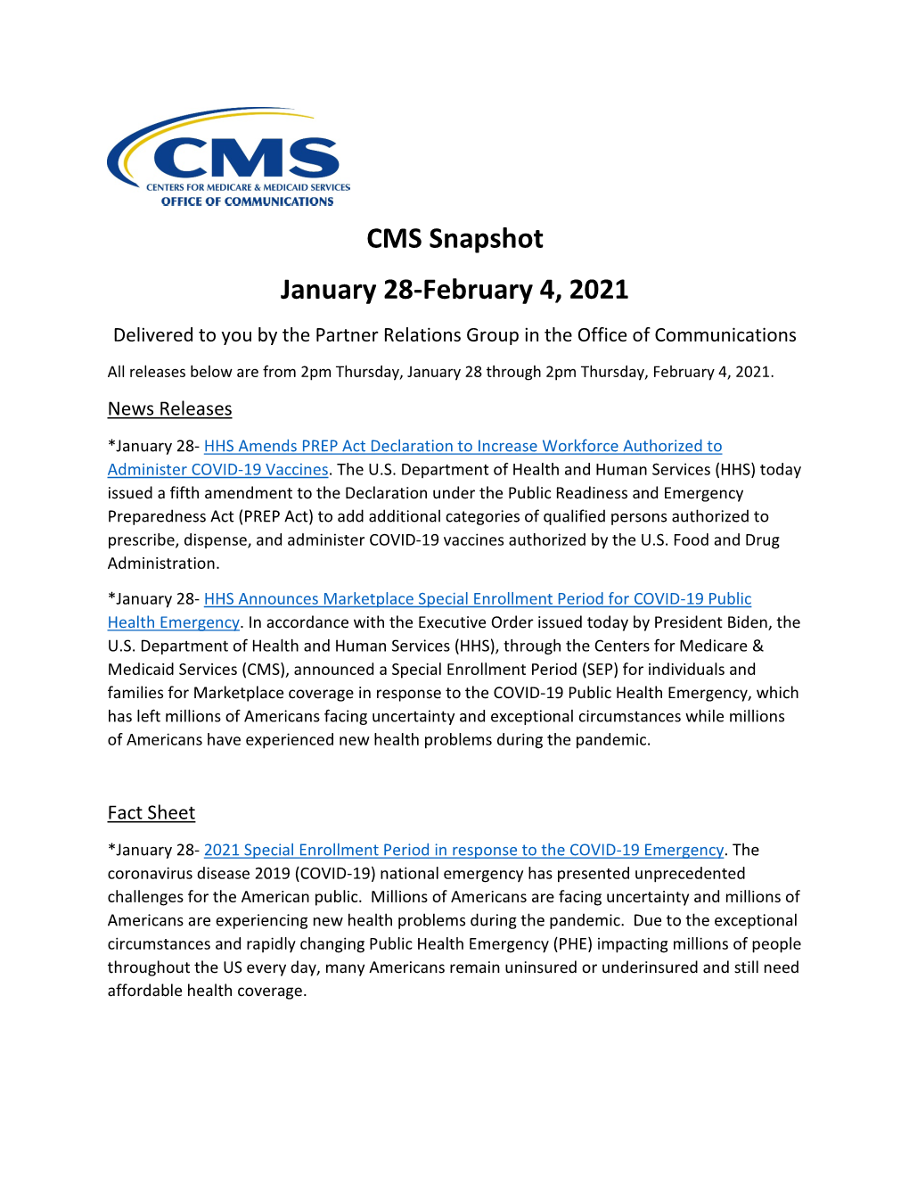 CMS Snapshot January 28-February 4, 2021 (PDF)