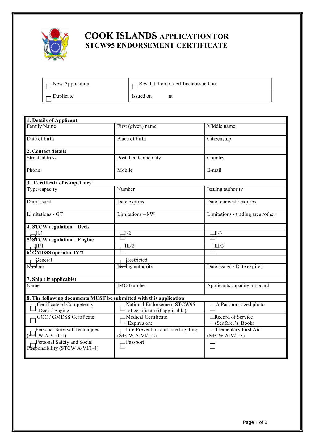 Cook Islands Application for Stcw95 Endorsement Certificate