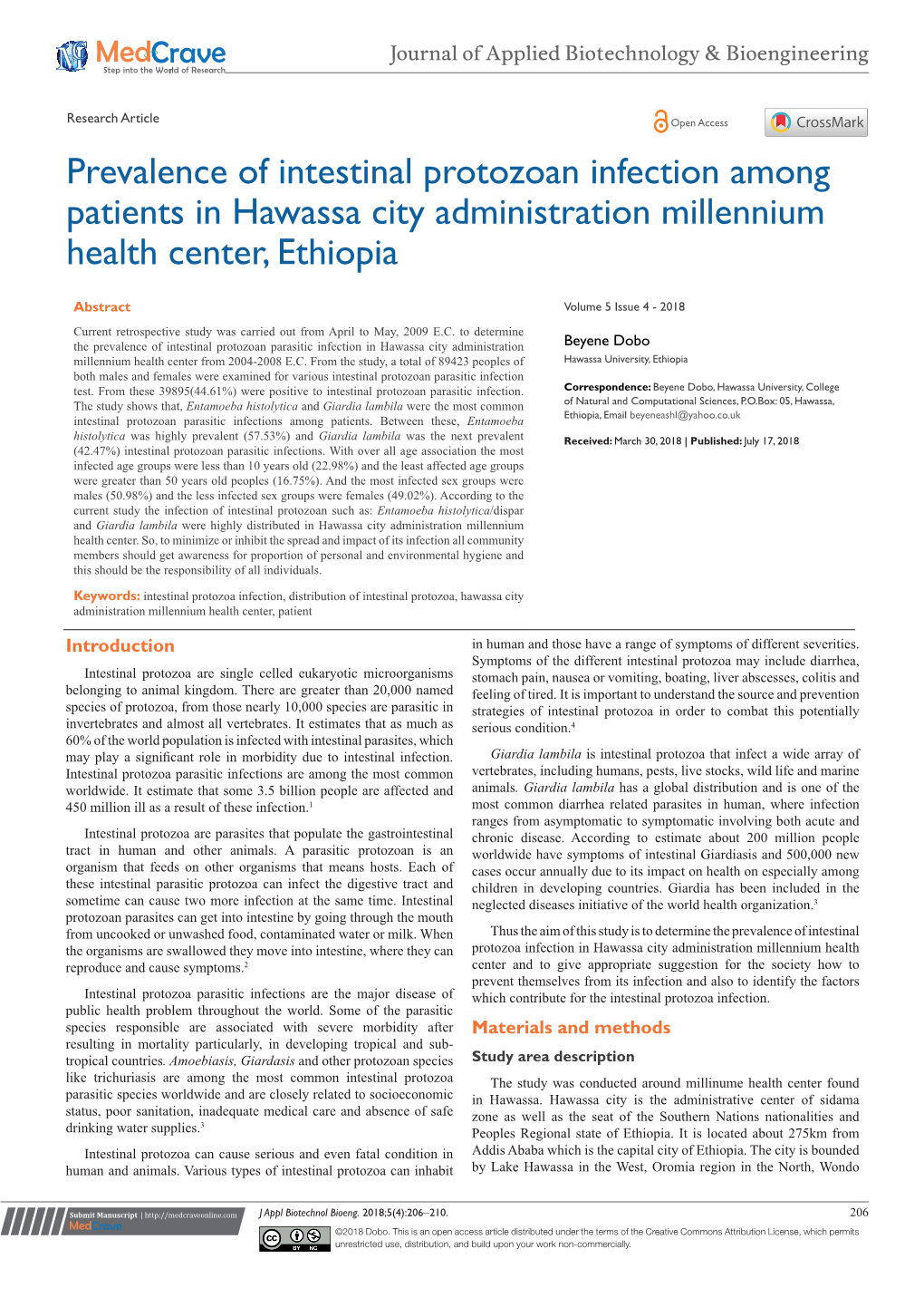 Prevalence of Intestinal Protozoan Infection Among Patients in Hawassa City Administration Millennium Health Center, Ethiopia