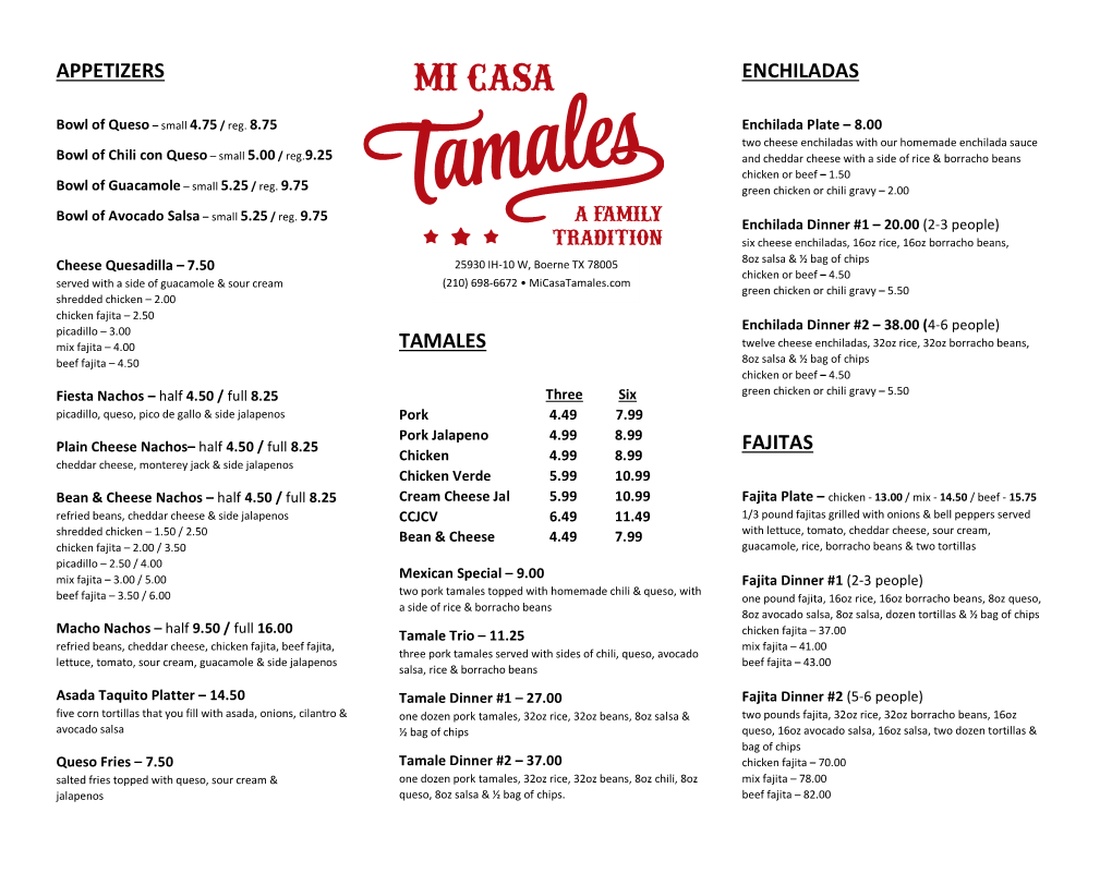 Appetizers Tamales Enchiladas Fajitas