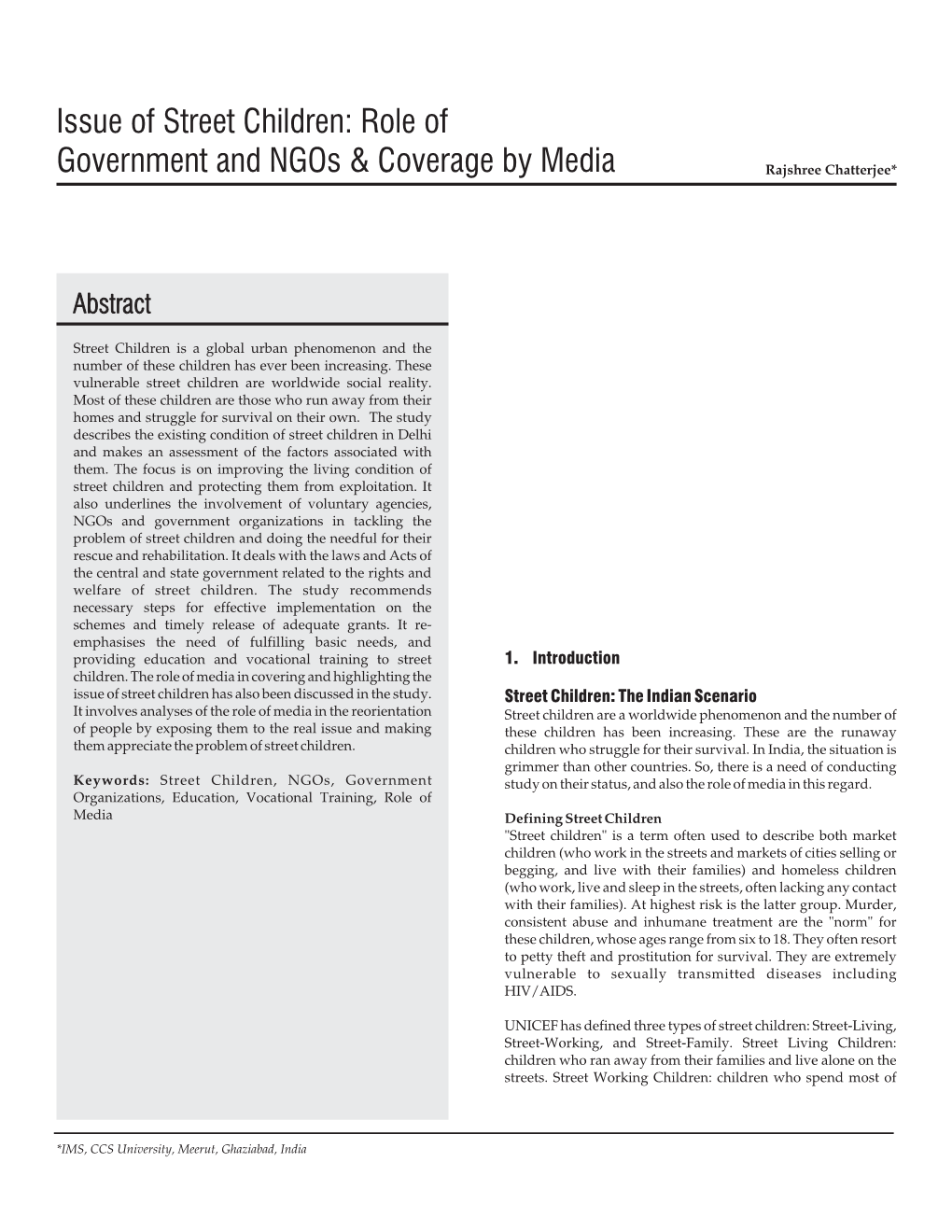 Issue of Street Children: Role of Government and Ngos & Coverage by Media