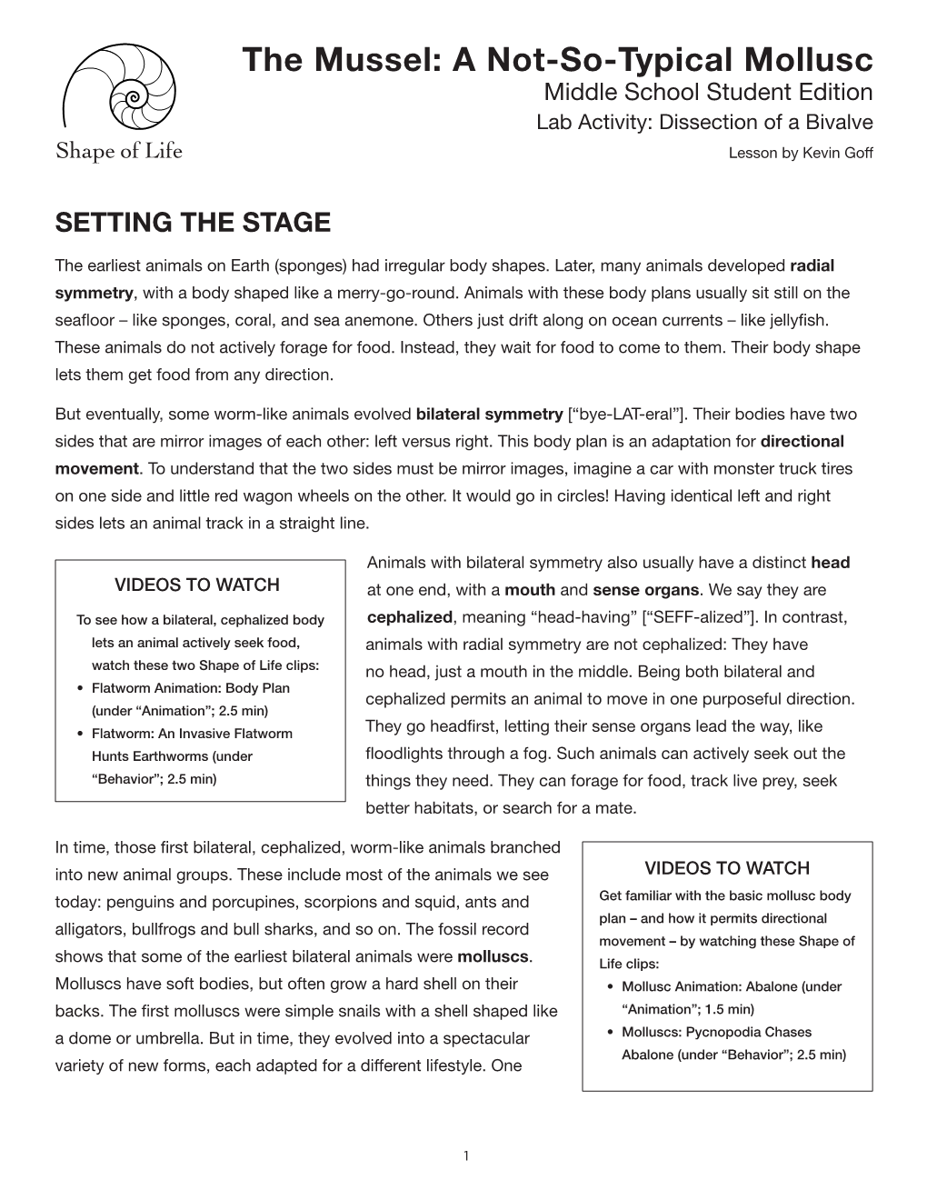 The Mussel: a Not-So-Typical Mollusc Middle School Student Edition Lab Activity: Dissection of a Bivalve Lesson by Kevin Goff