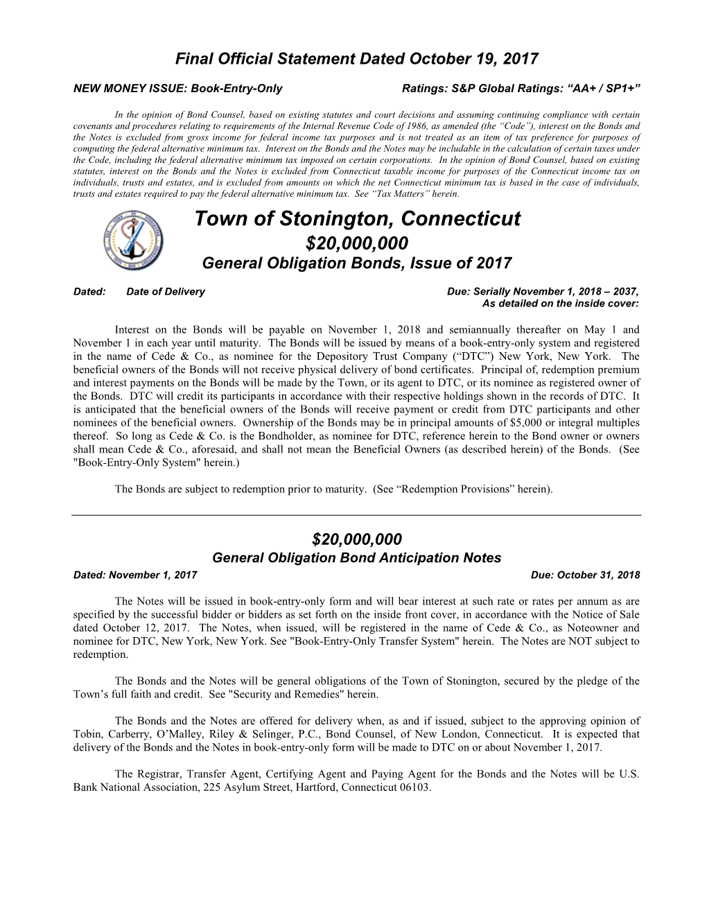 Town of Stonington, Connecticut $20,000,000 General Obligation Bonds, Issue of 2017