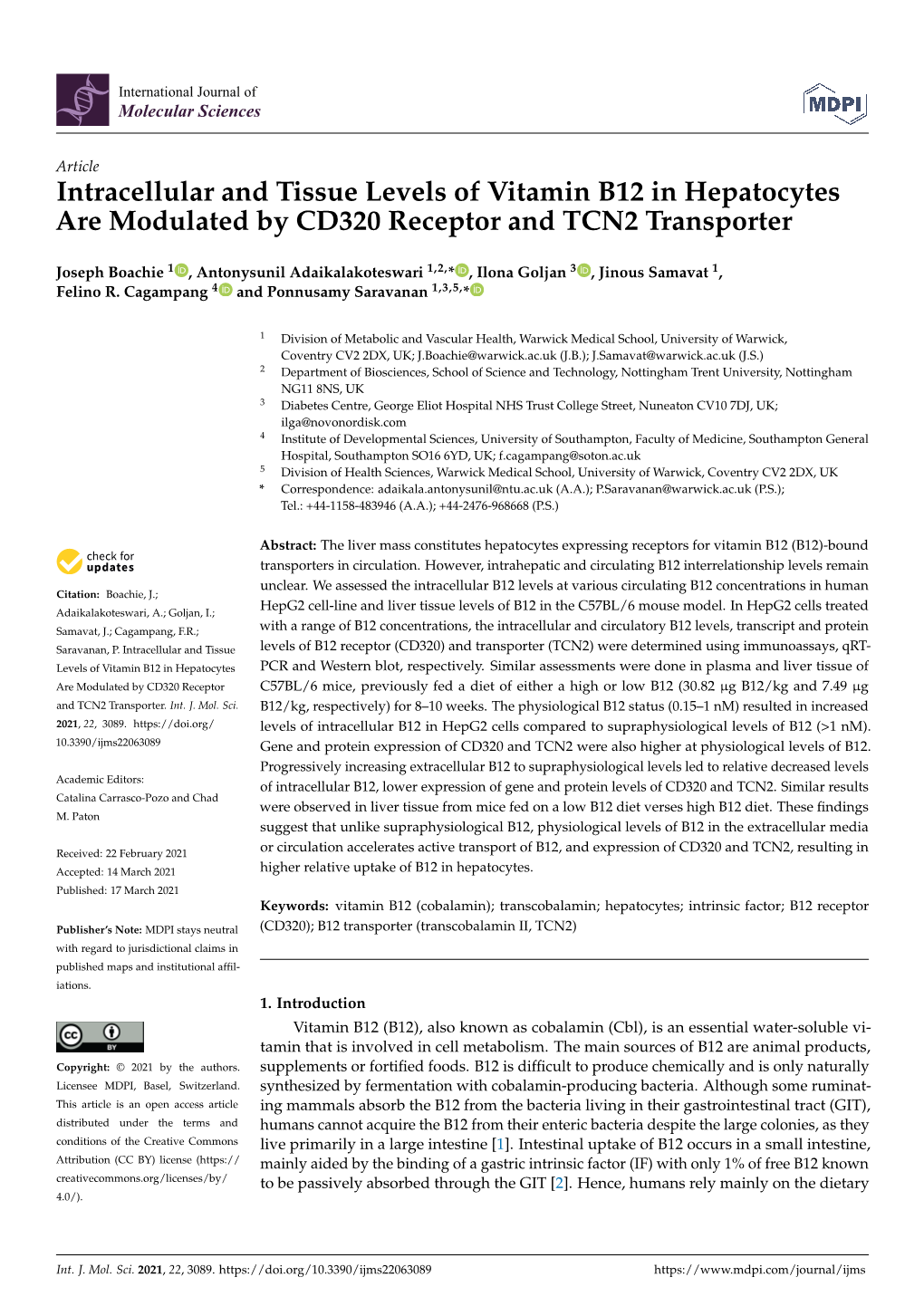 Intracellular and Tissue Levels of Vitamin B12 in Hepatocytes Are Modulated by CD320 Receptor and TCN2 Transporter