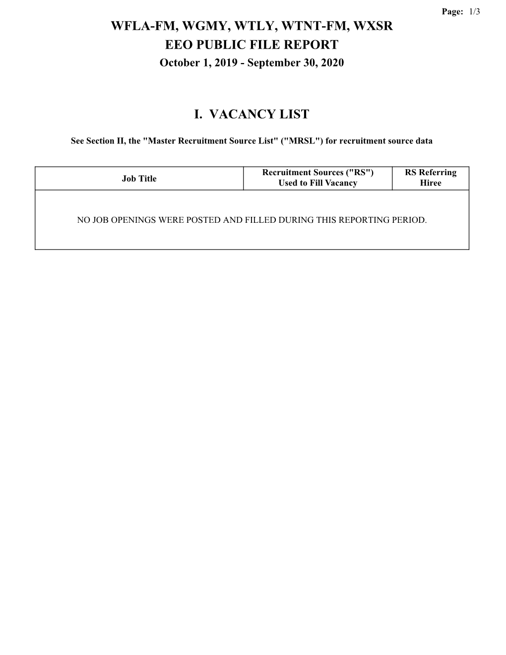 WFLA-FM, WGMY, WTLY, WTNT-FM, WXSR EEO PUBLIC FILE REPORT October 1, 2019 - September 30, 2020