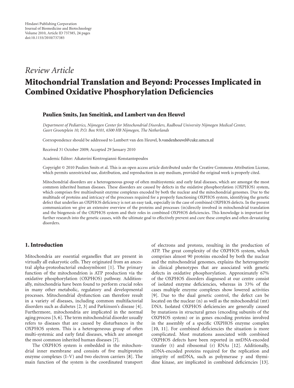 Mitochondrial Translation and Beyond: Processes Implicated in Combined Oxidative Phosphorylation Deﬁciencies