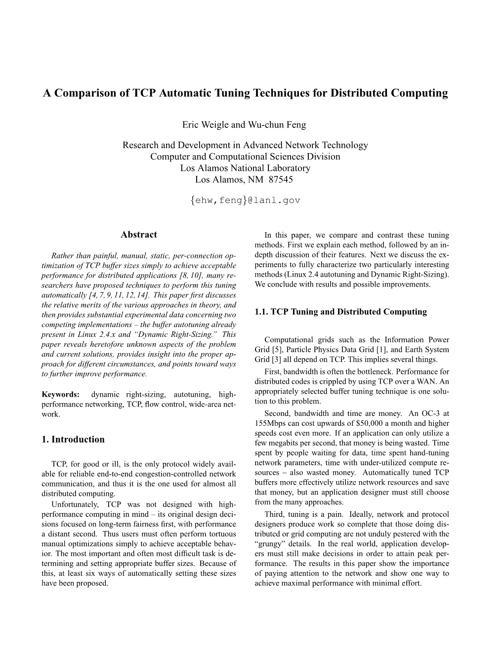 A Comparison of TCP Automatic Tuning Techniques for Distributed Computing