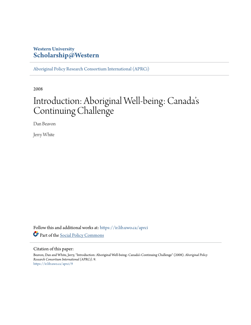 Aboriginal Well-Being: Canada's Continuing Challenge"