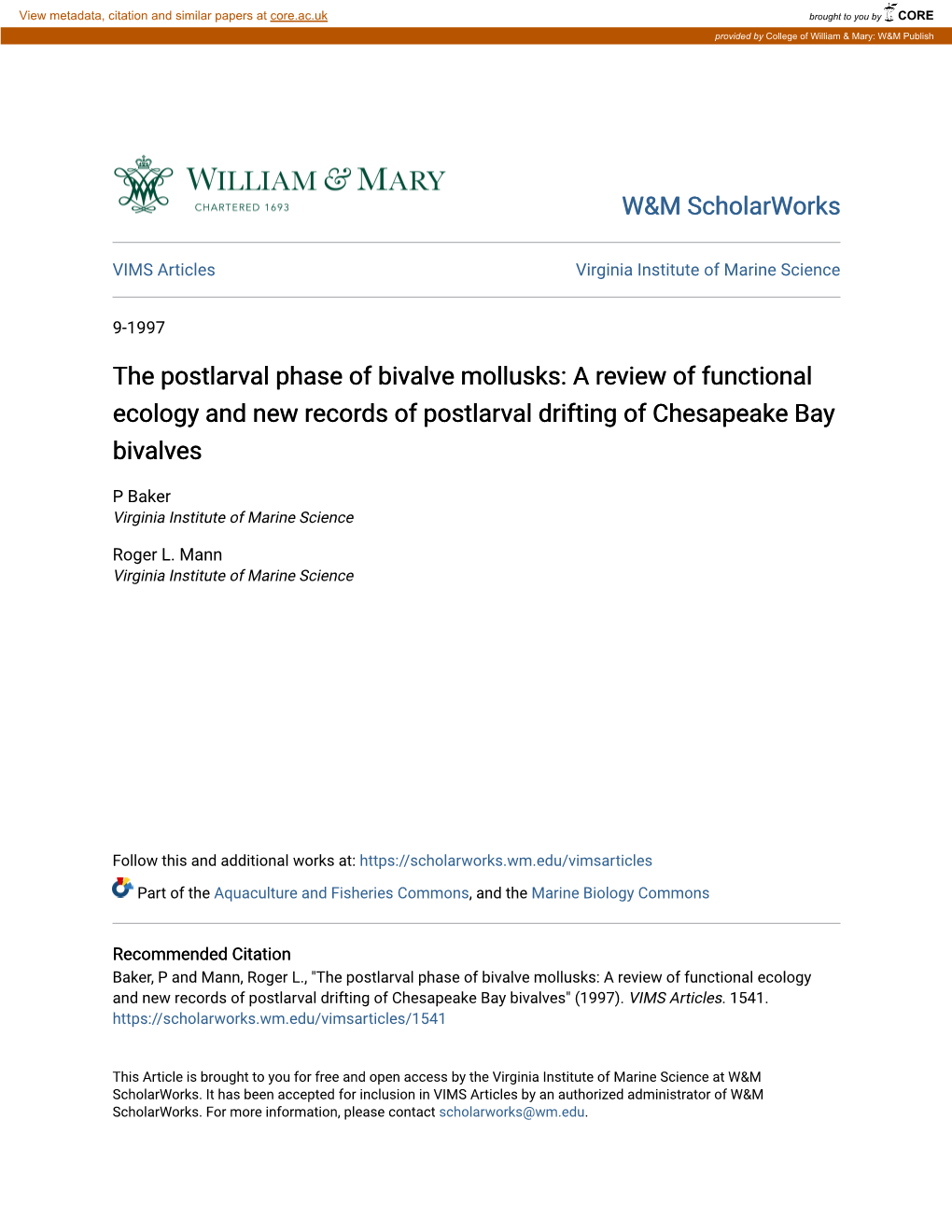 The Postlarval Phase of Bivalve Mollusks: a Review of Functional Ecology and New Records of Postlarval Drifting of Chesapeake Bay Bivalves