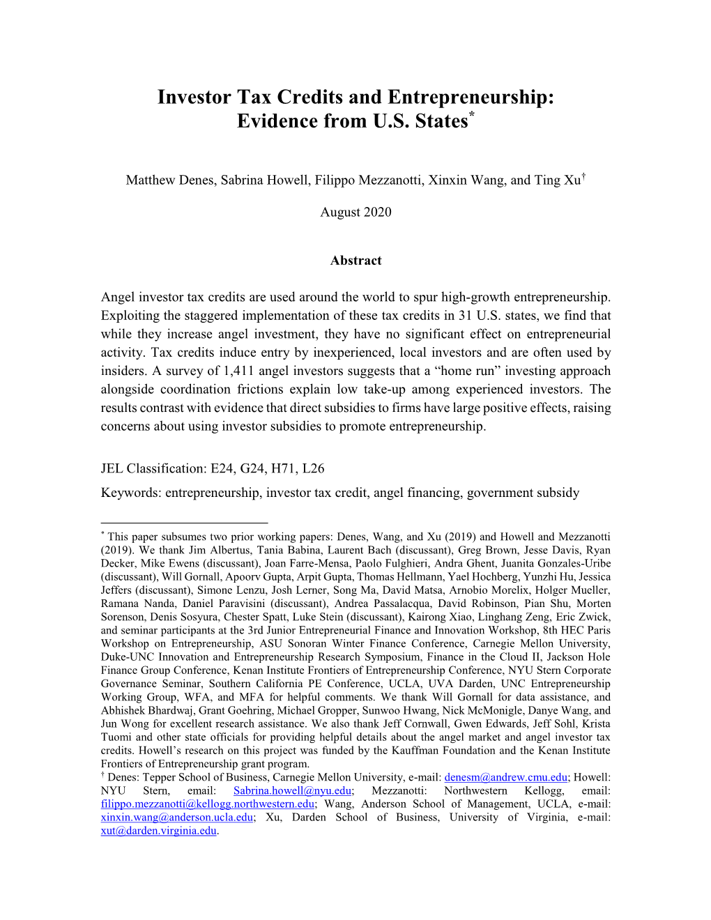 Investor Tax Credits and Entrepreneurship: Evidence from U.S