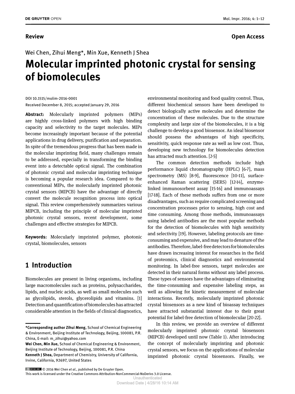Molecular Imprinted Photonic Crystal for Sensing of Biomolecules