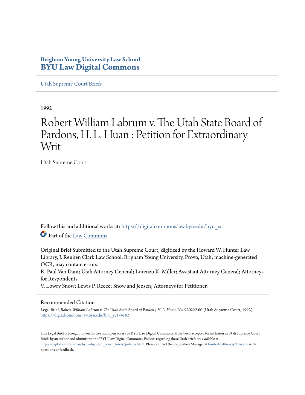 Robert William Labrum V. the Utah State Board of Pardons, H