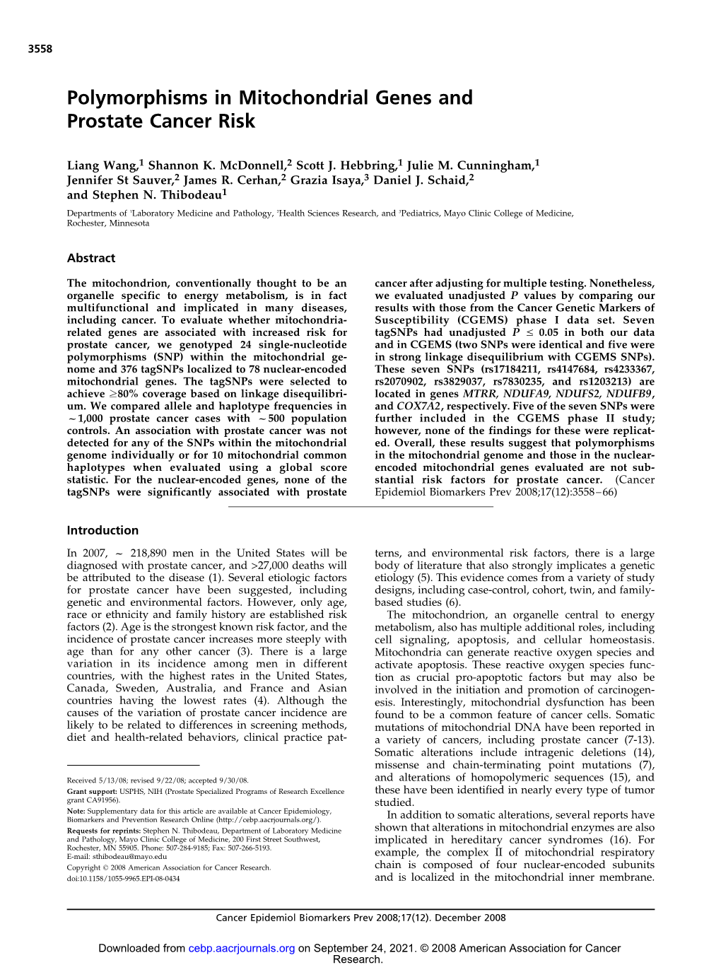 Polymorphisms in Mitochondrial Genes and Prostate Cancer Risk