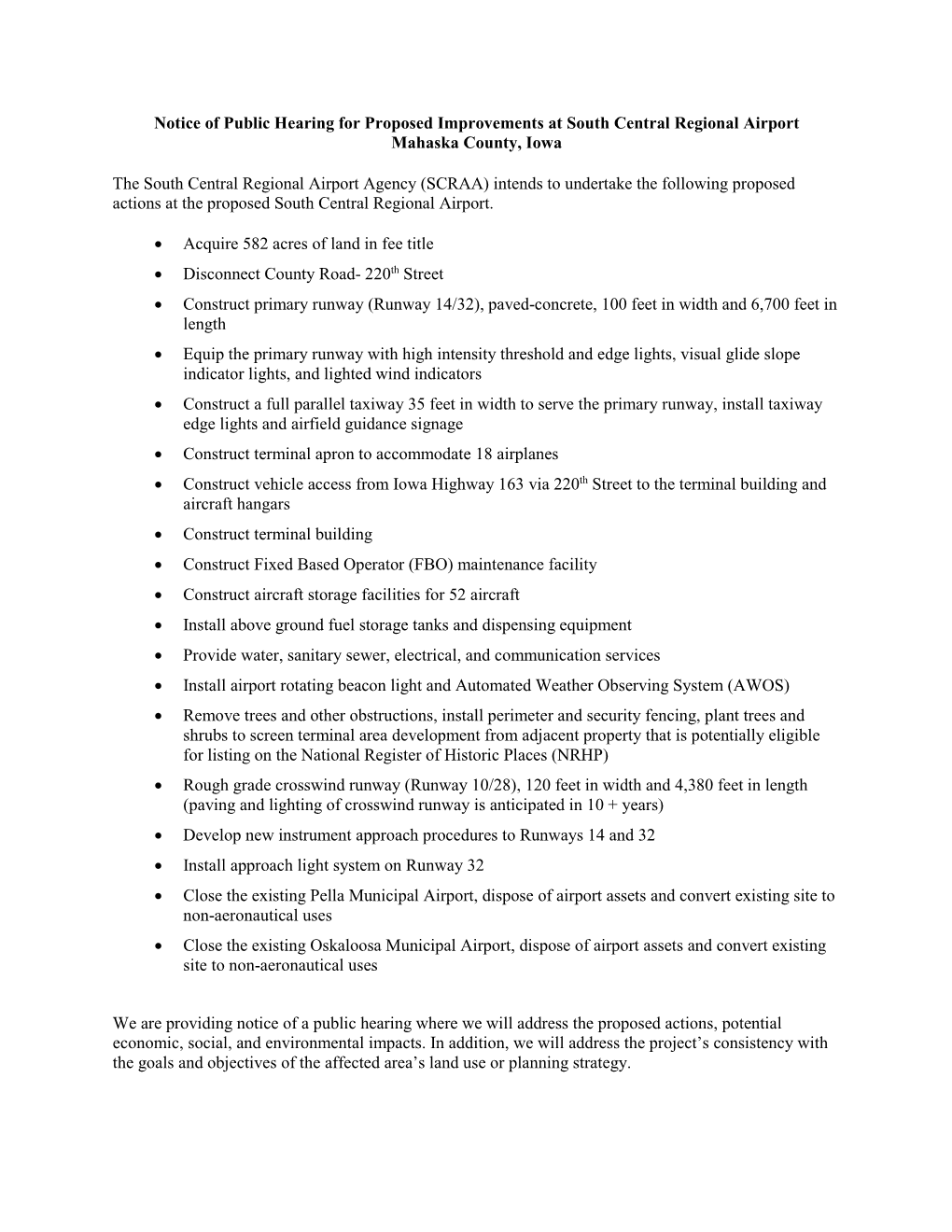 Notice of Public Hearing for Proposed Improvements at South Central Regional Airport Mahaska County, Iowa