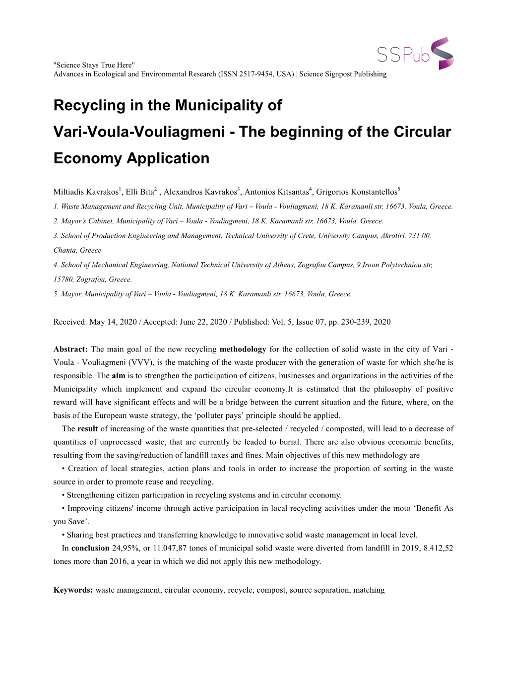 Recycling in the Municipality of Vari-Voula-Vouliagmeni - the Beginning of the Circular Economy Application