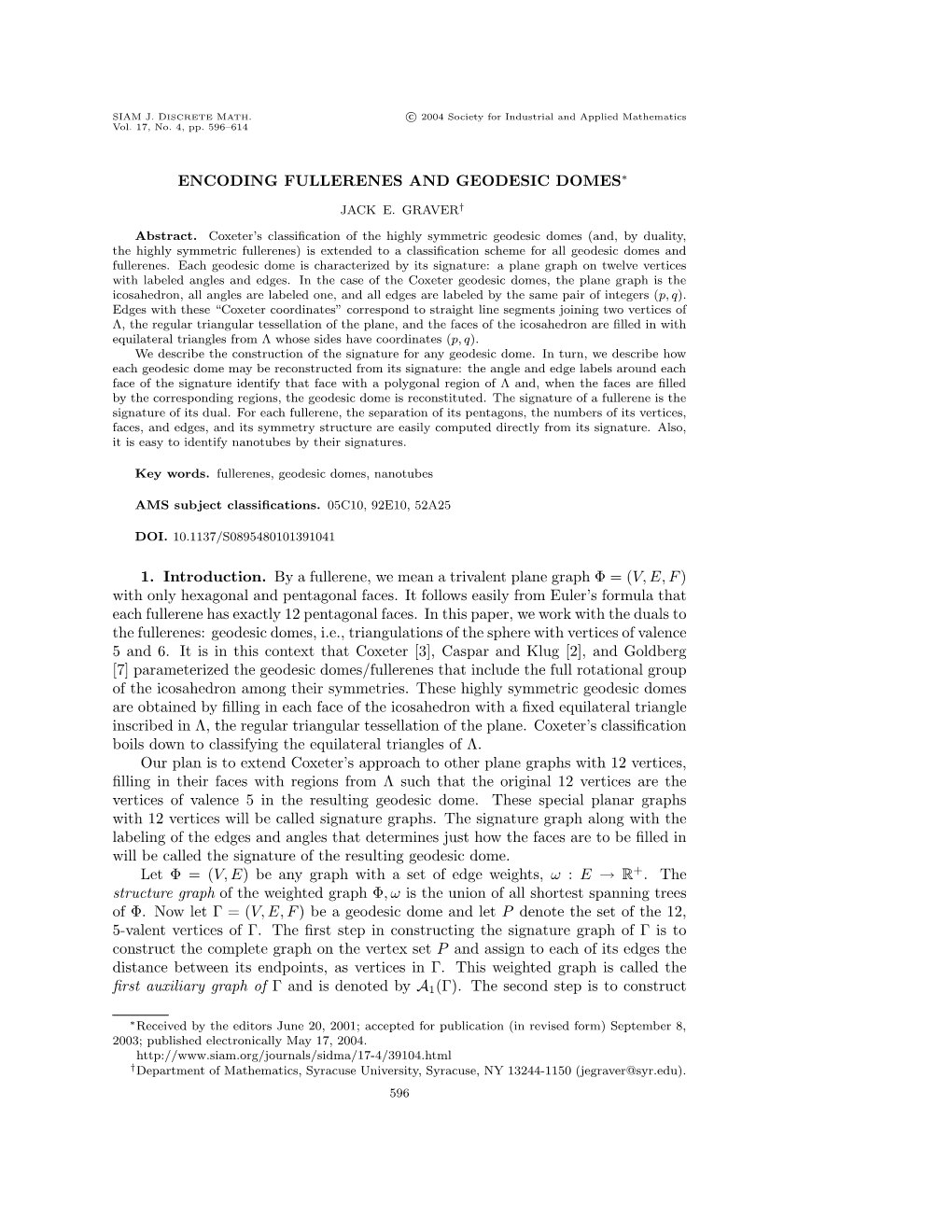 Encoding Fullerenes and Geodesic Domes∗