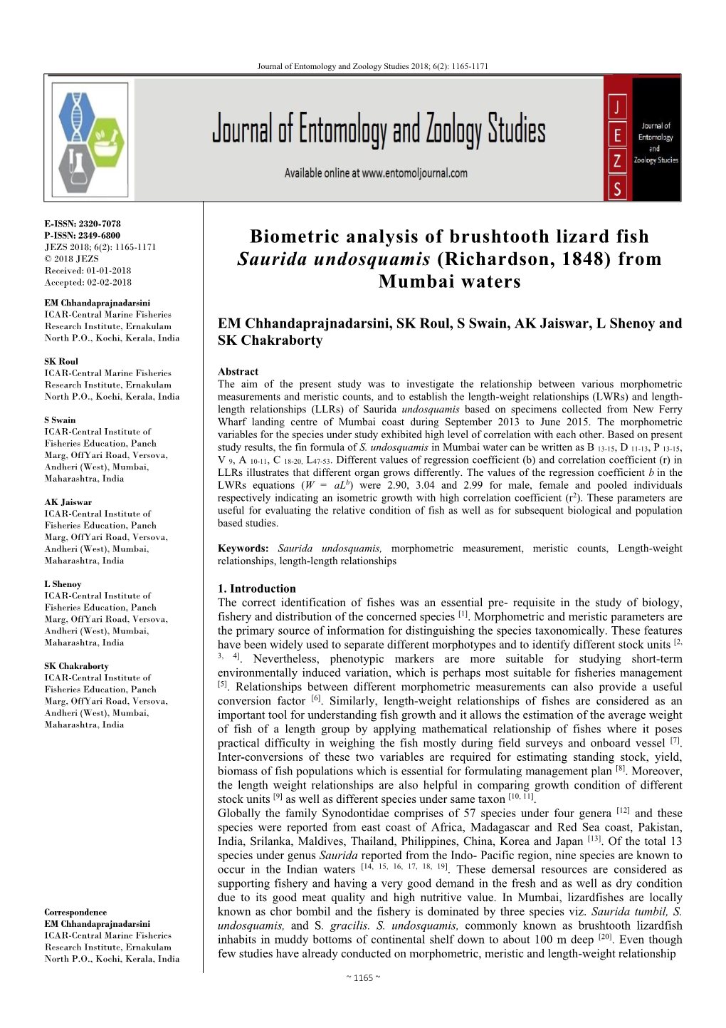 Biometric Analysis of Brushtooth Lizard Fish Saurida Undosquamis