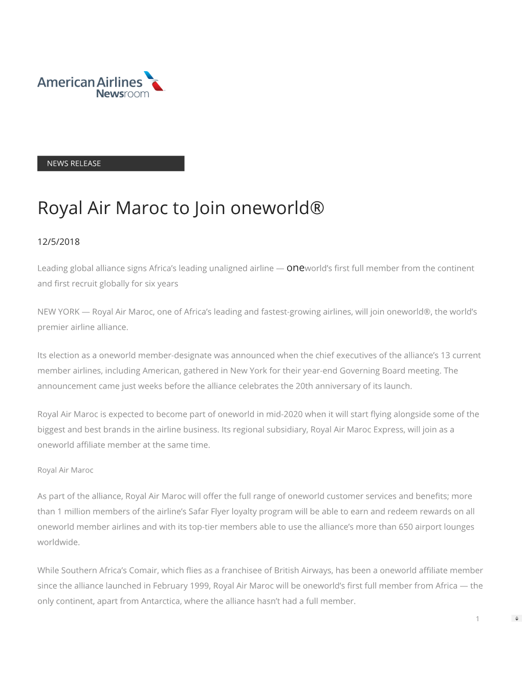 Royal Air Maroc to Join Oneworld®