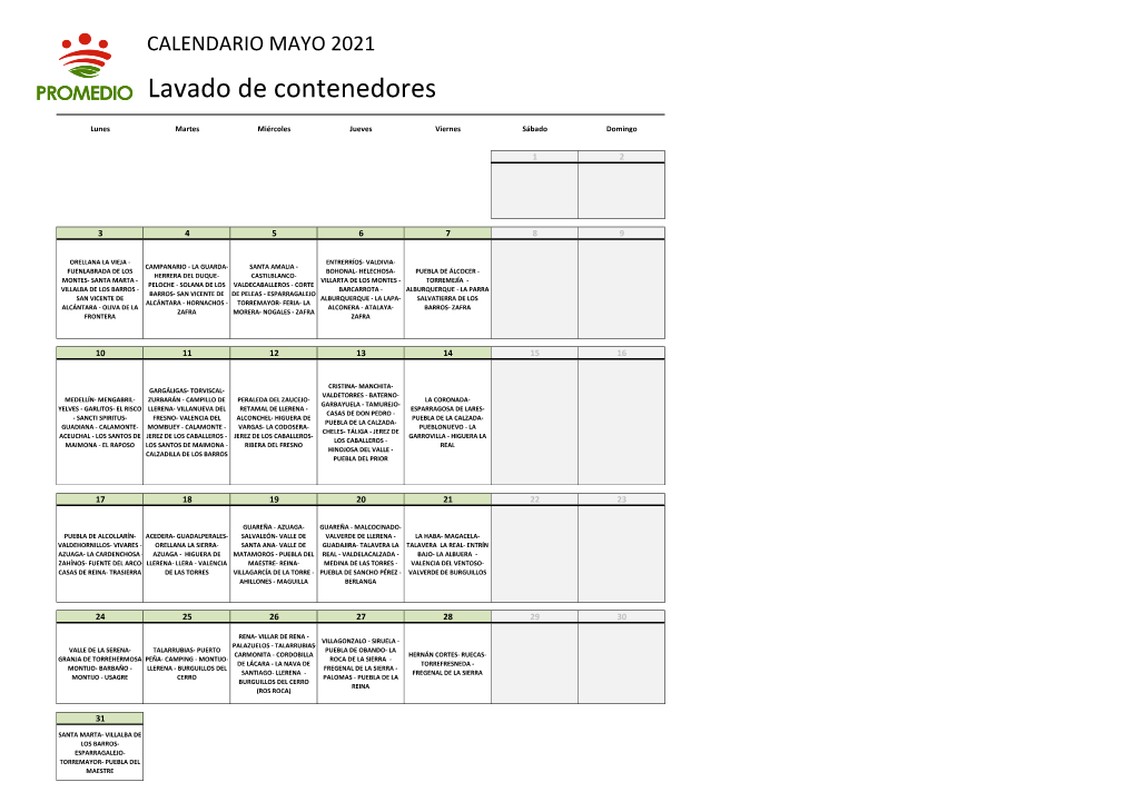 Calendario Lavado De Contenedores