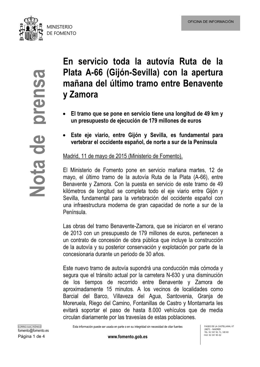 En Servicio Toda La Autovía Ruta De La Plata A-66 (Gijón-Sevilla) Con La Apertura Mañana Del Último Tramo Entre Benavente Y Zamora