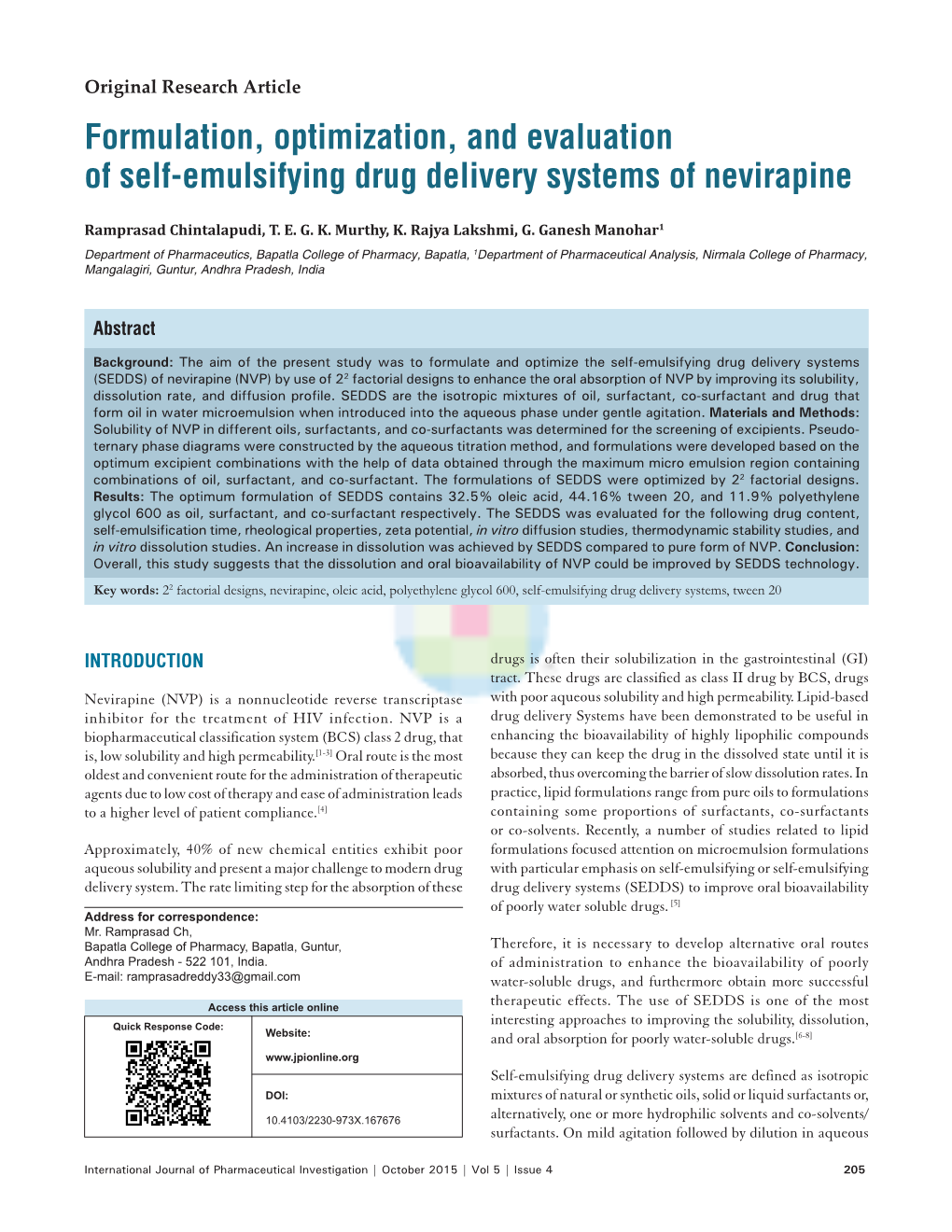 Formulation, Optimization, and Evaluation of Self-Emulsifying Drug Delivery Systems of Nevirapine