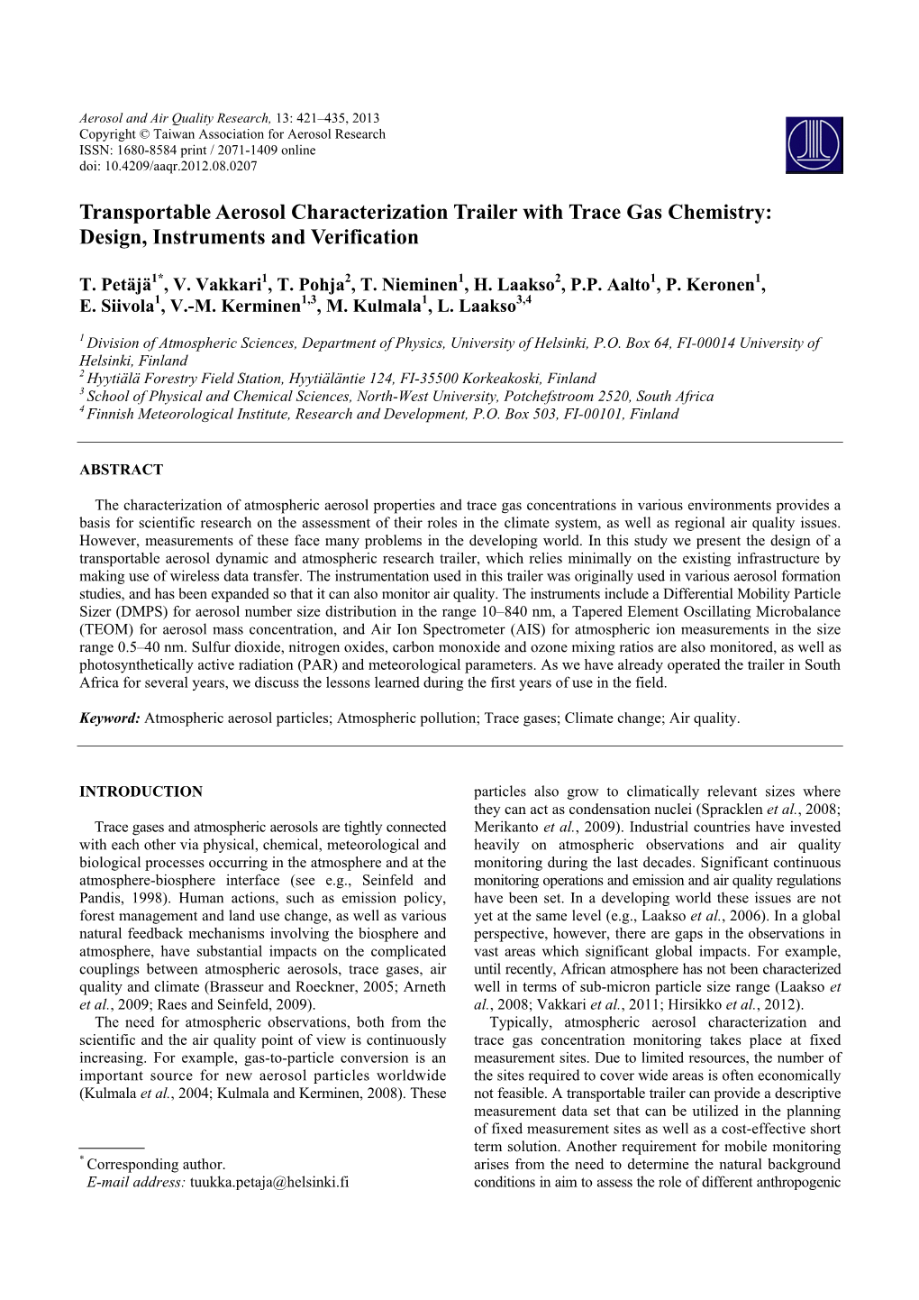 Transportable Aerosol Characterization Trailer with Trace Gas Chemistry: Design, Instruments and Verification