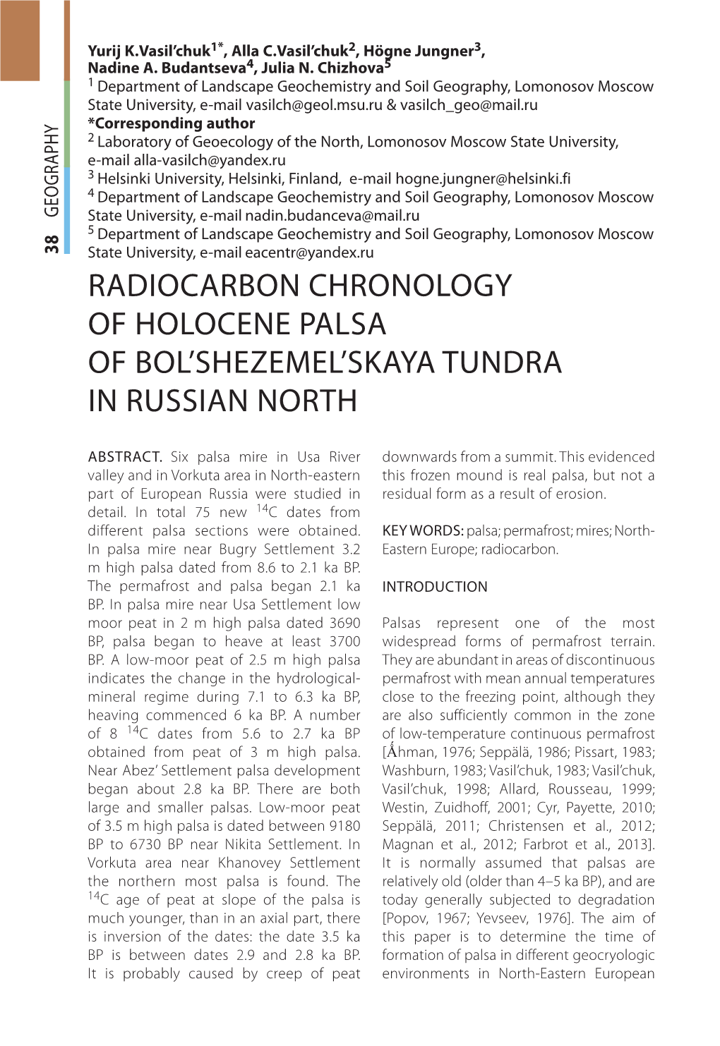 Radiocarbon Chronology of Holocene Palsa of Bol