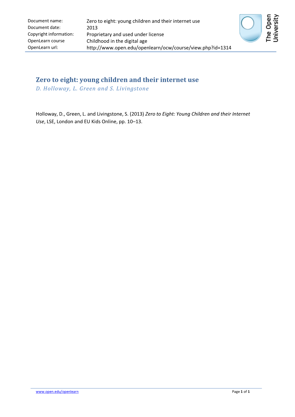 Zero to Eight: Young Children and Their Internet