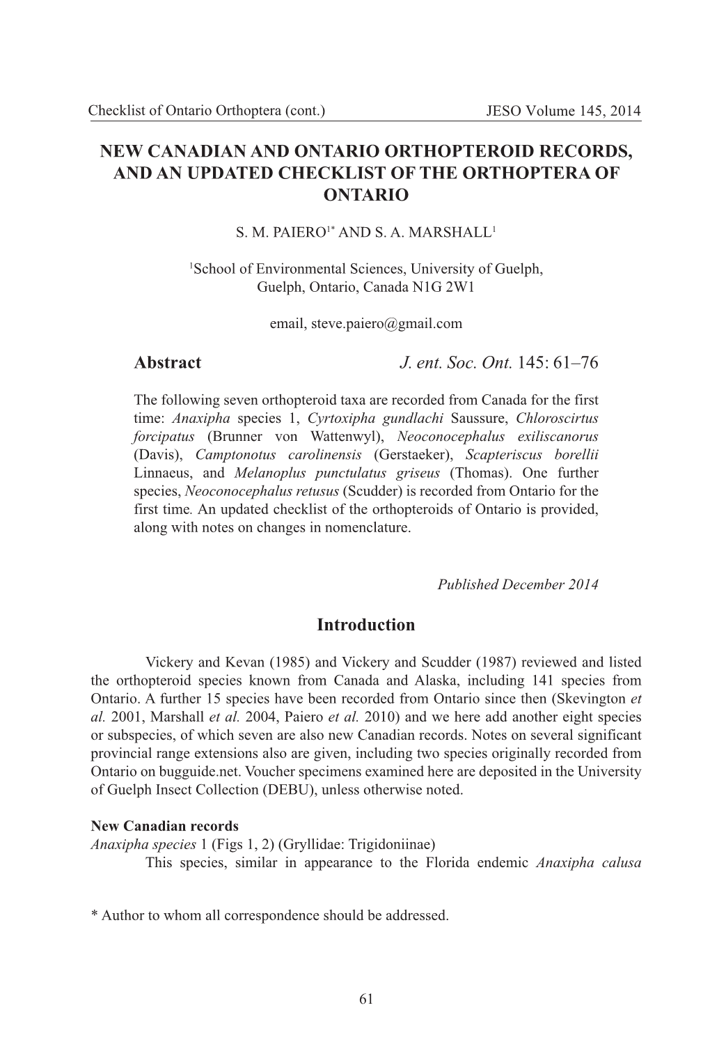 New Canadian and Ontario Orthopteroid Records, and an Updated Checklist of the Orthoptera of Ontario