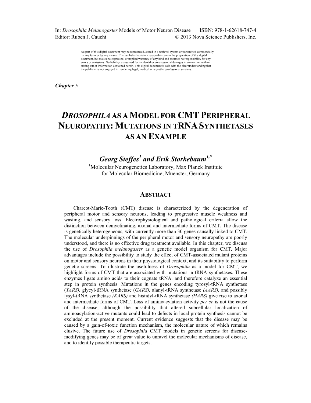 Drosophila As a Model for Cmt Peripheral Neuropathy: Mutations in Trna Synthetases As an Example