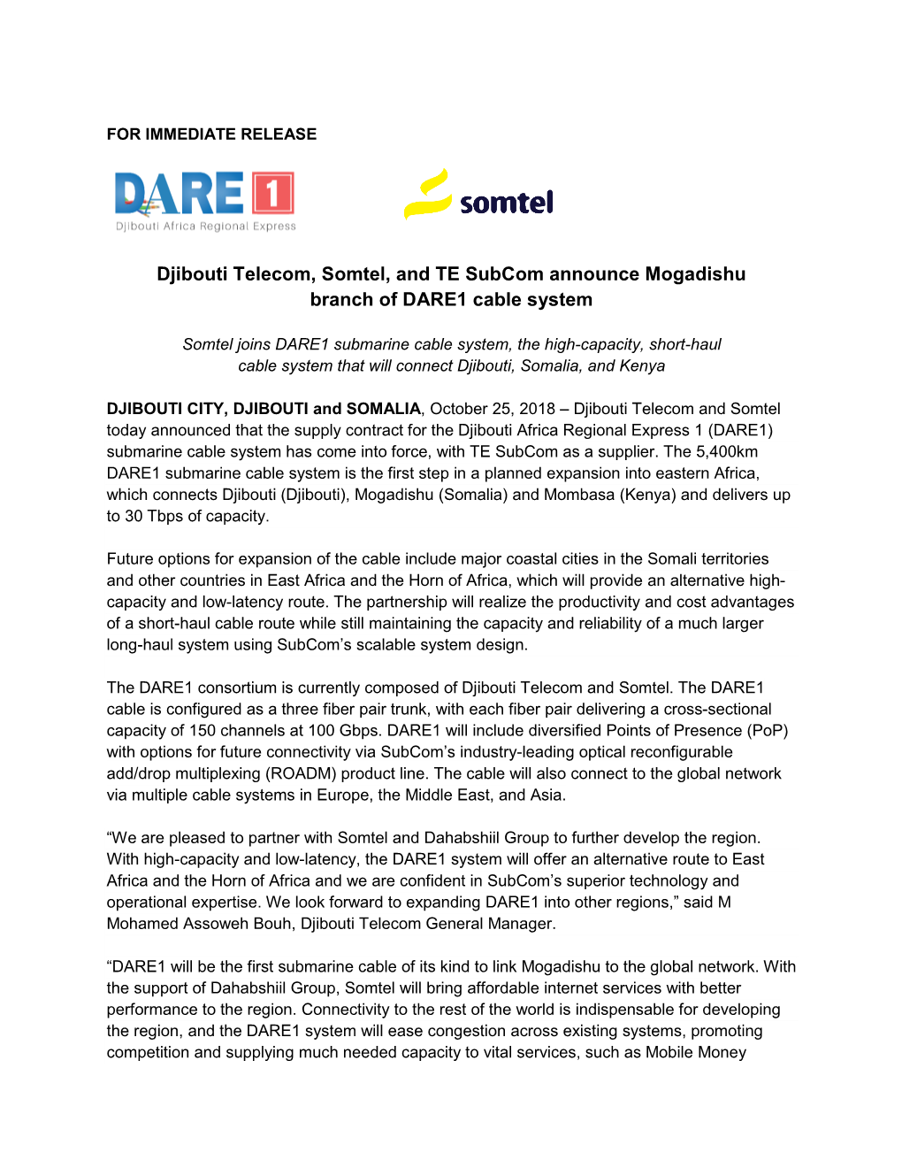 Djibouti Telecom, Somtel, and TE Subcom Announce Mogadishu Branch of DARE1 Cable System