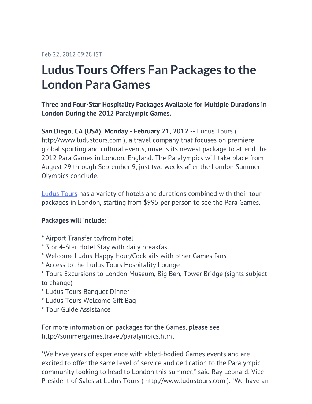 Ludus Tours Offers Fan Packages to the London Para Games