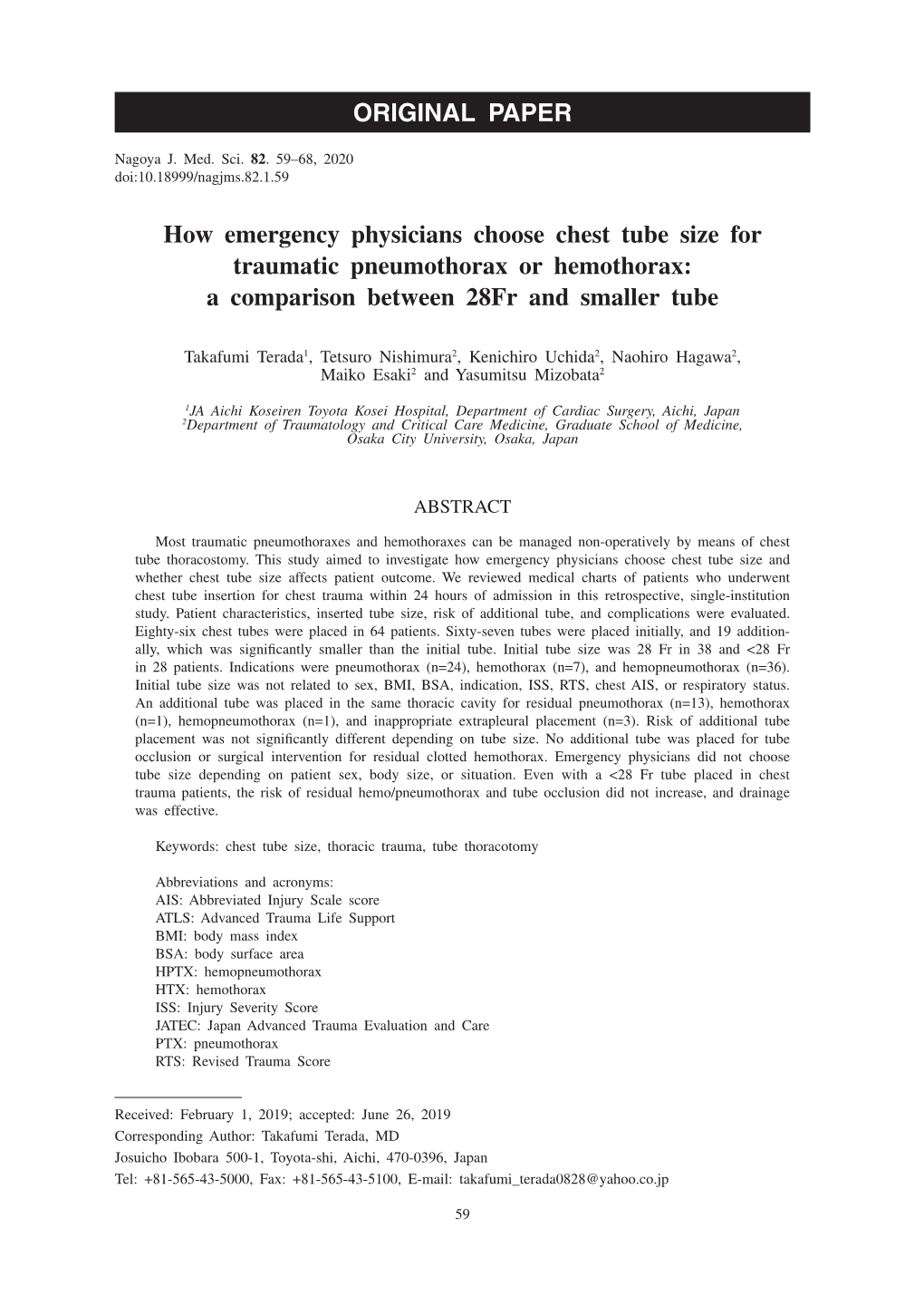 How Emergency Physicians Choose Chest Tube Size for Traumatic Pneumothorax Or Hemothorax: a Comparison Between 28Fr and Smaller Tube