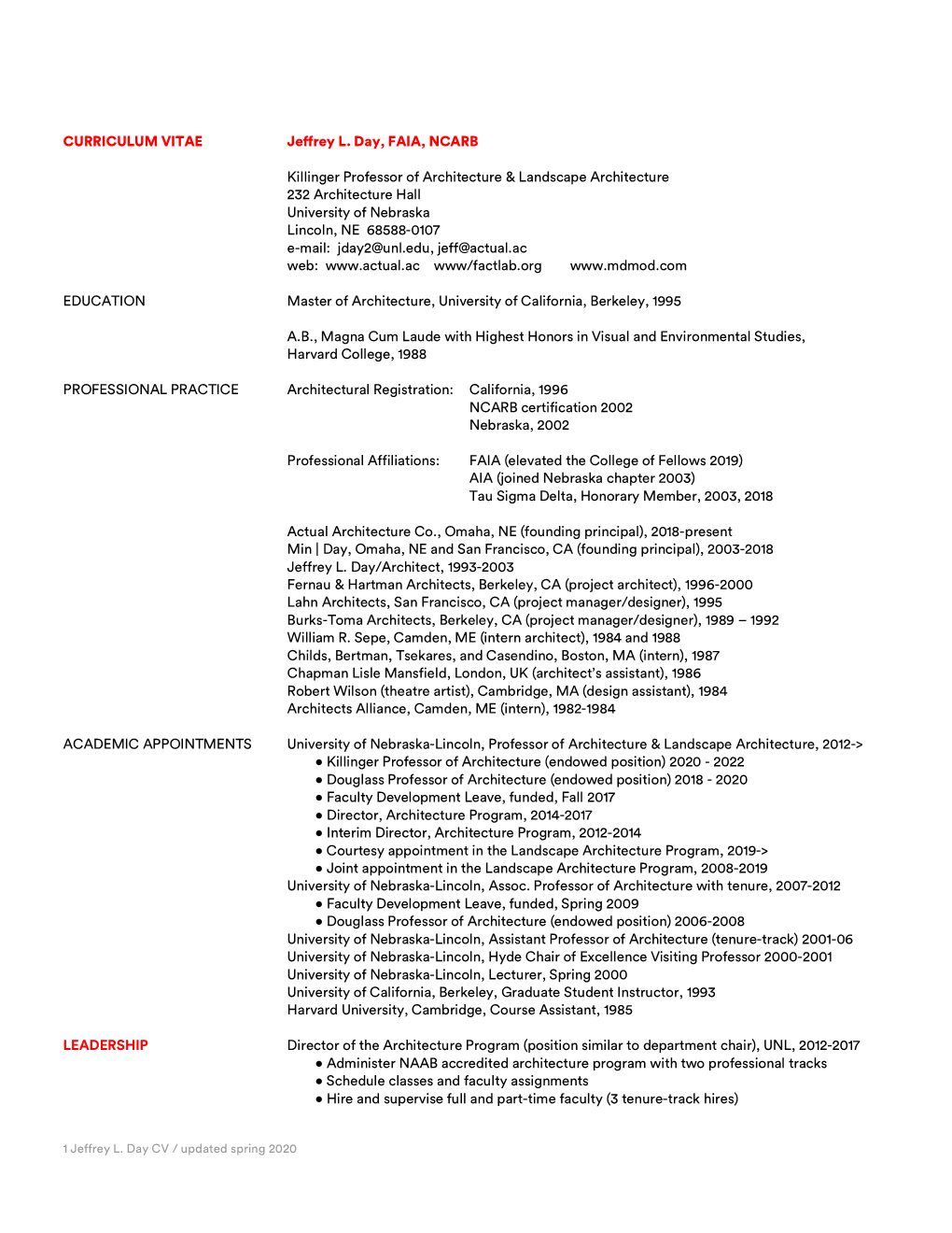 CURRICULUM VITAE Jeffrey L. Day, FAIA, NCARB Killinger Professor Of