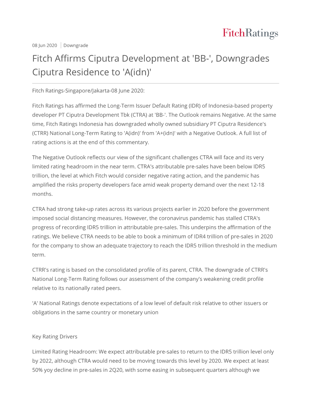 Fitch Affirms Ciputra Development at 'BB-', Downgrades Ciputra Residence to 'A(Idn)'