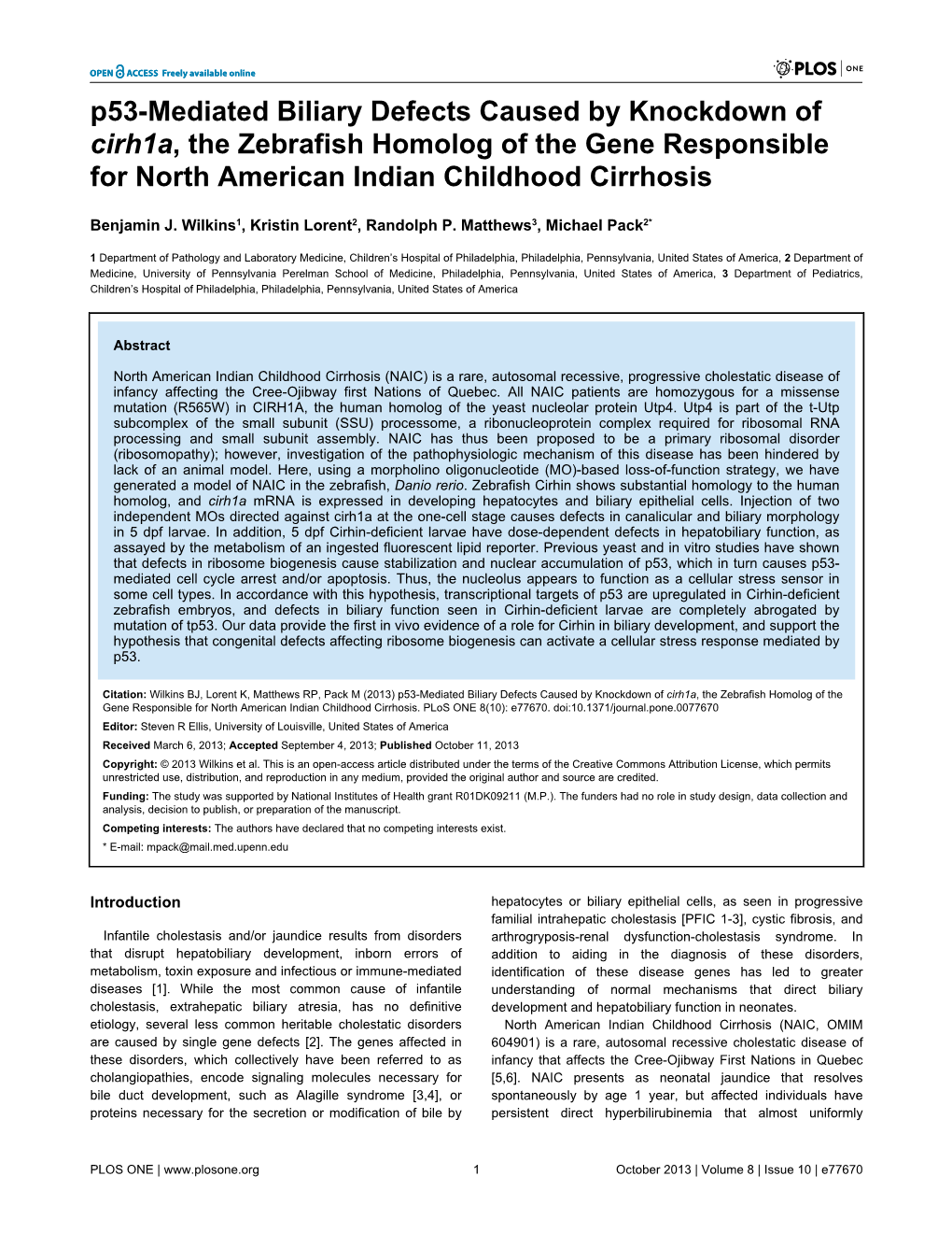 P53-Mediated Biliary Defects Caused by Knockdown of Cirh1a, the Zebrafish Homolog of the Gene Responsible for North American Indian Childhood Cirrhosis