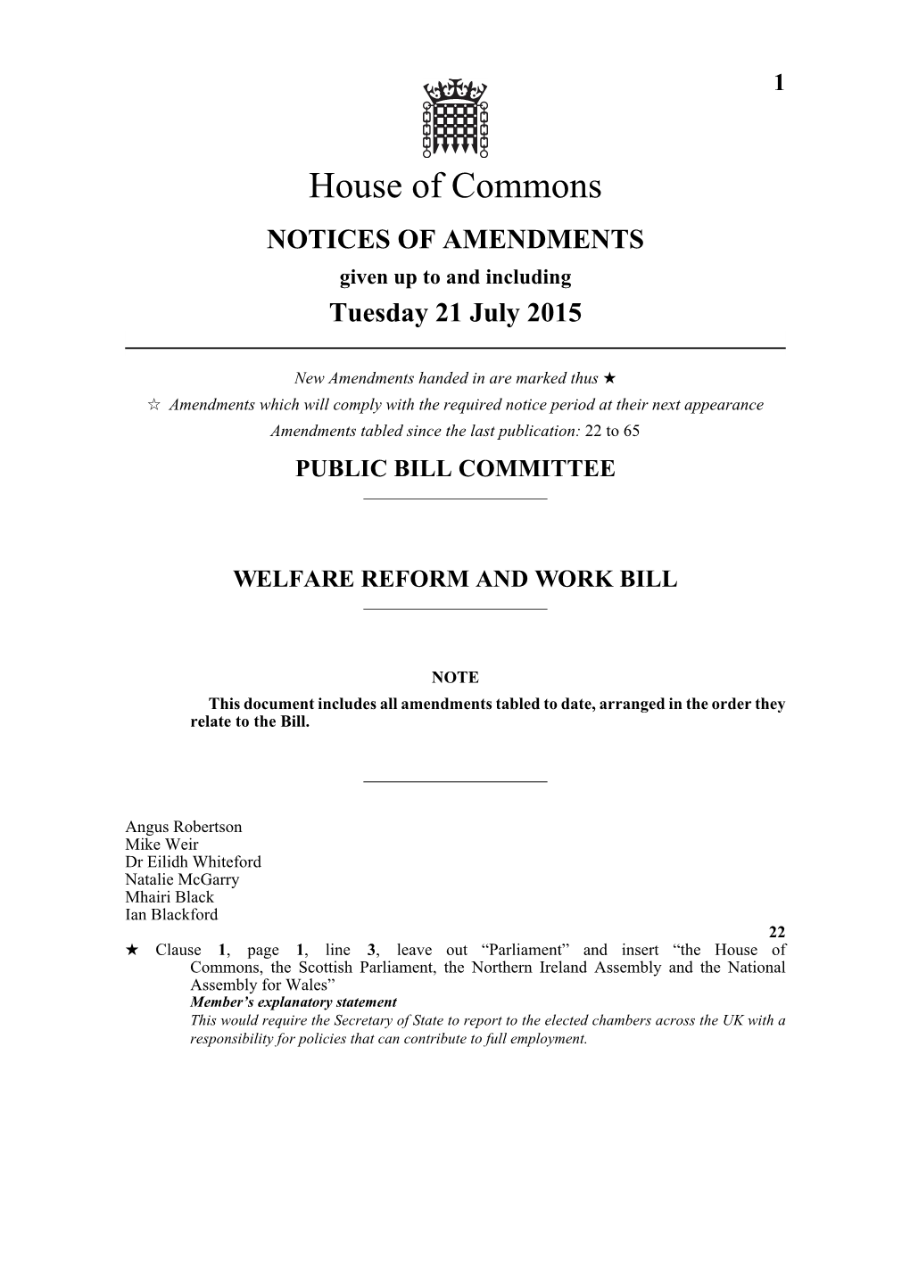 Notice of Amendments As of 21 July 2015
