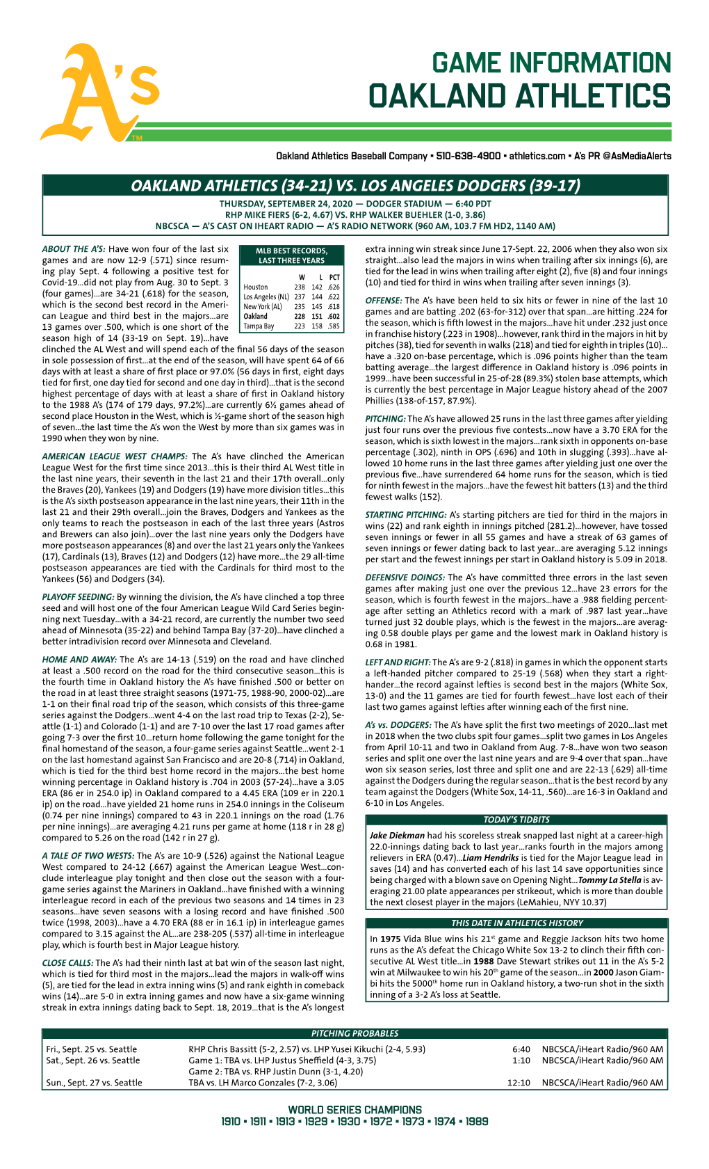 09-24-2020 A's Game Notes