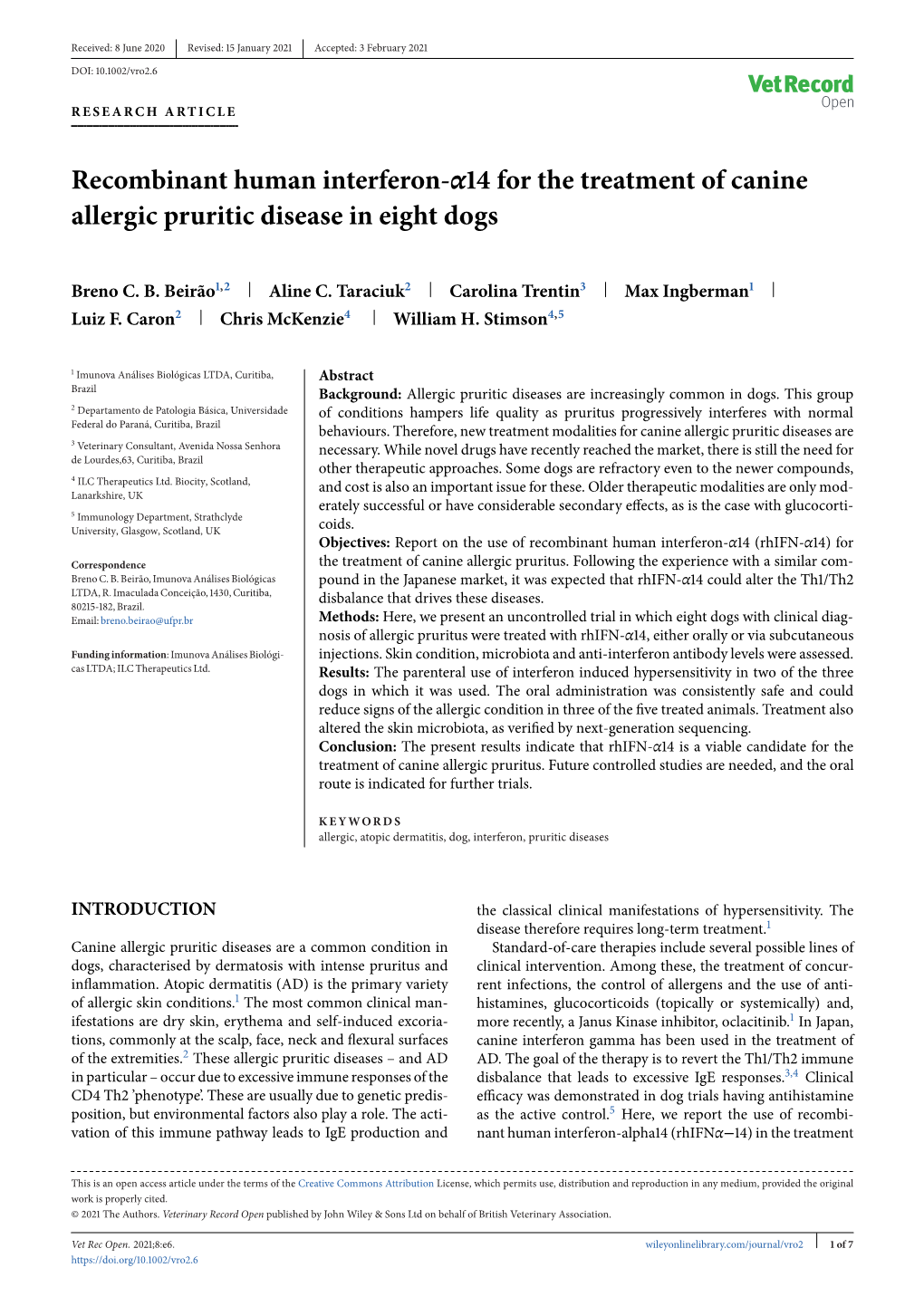 Recombinant Human Interferon-Alpha 14 for the Treatment of Canine