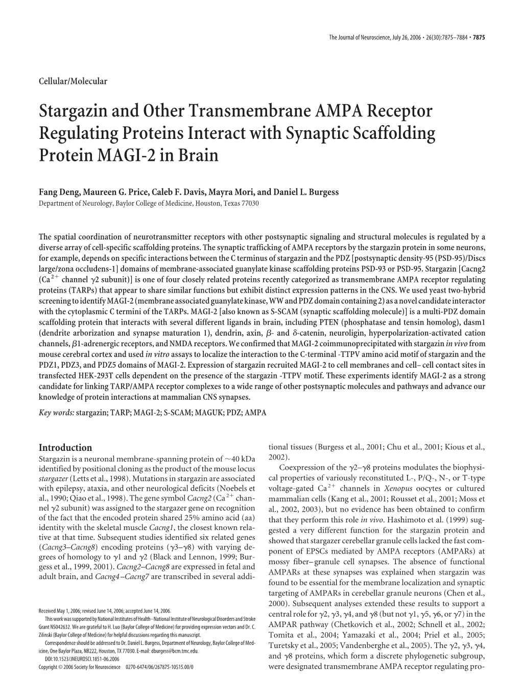 Stargazin and Other Transmembrane AMPA Receptor Regulating Proteins Interact with Synaptic Scaffolding Protein MAGI-2 in Brain