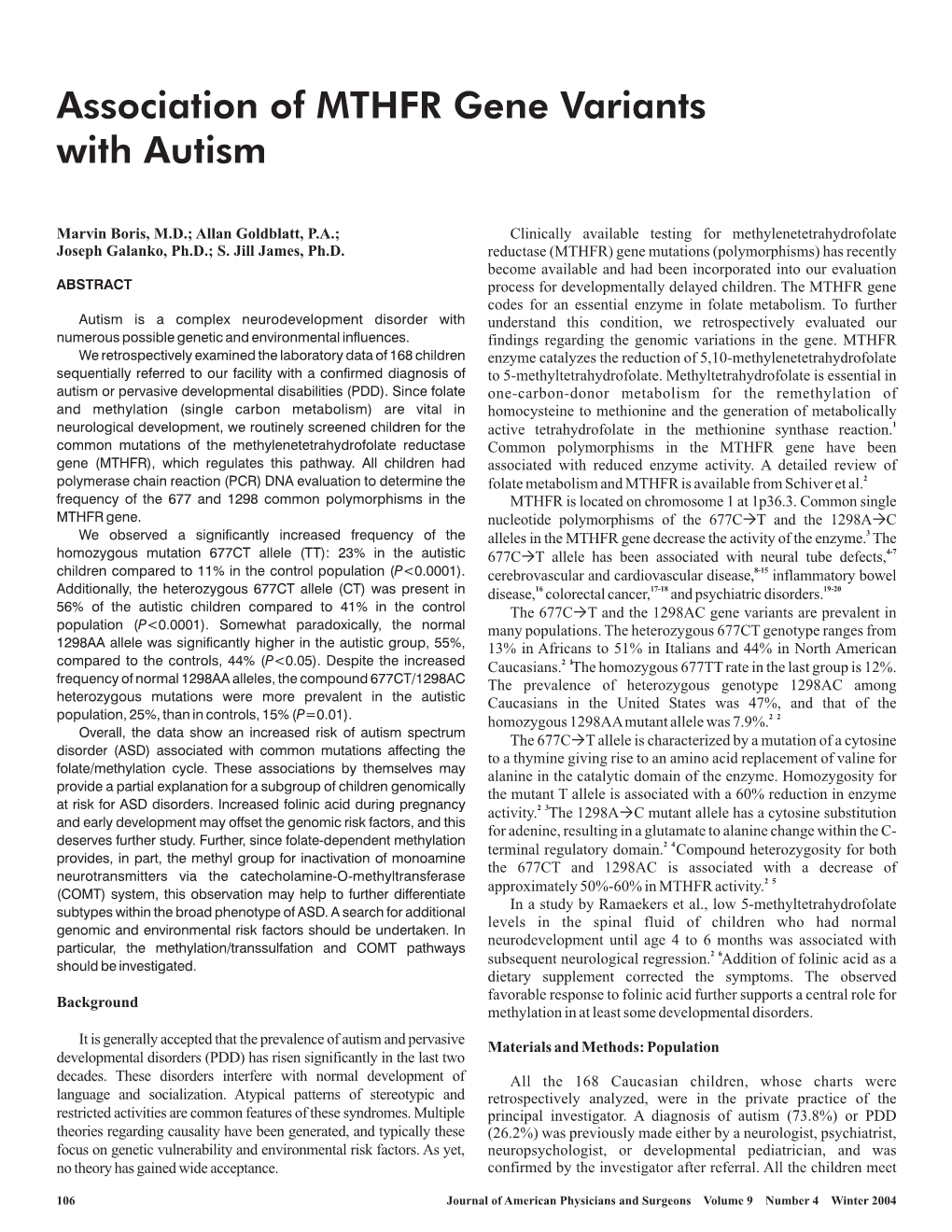 Association of MTHFR Gene Variants with Autism