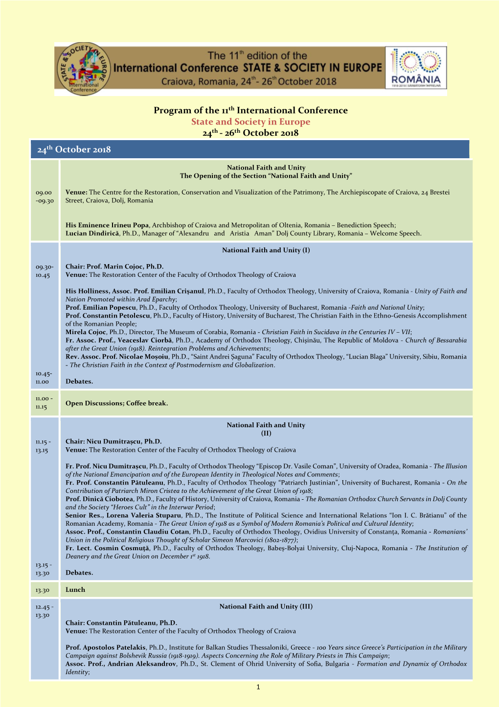 Program of the 11Th International Conference State and Society in Europe 24Th - 26Th October 2018